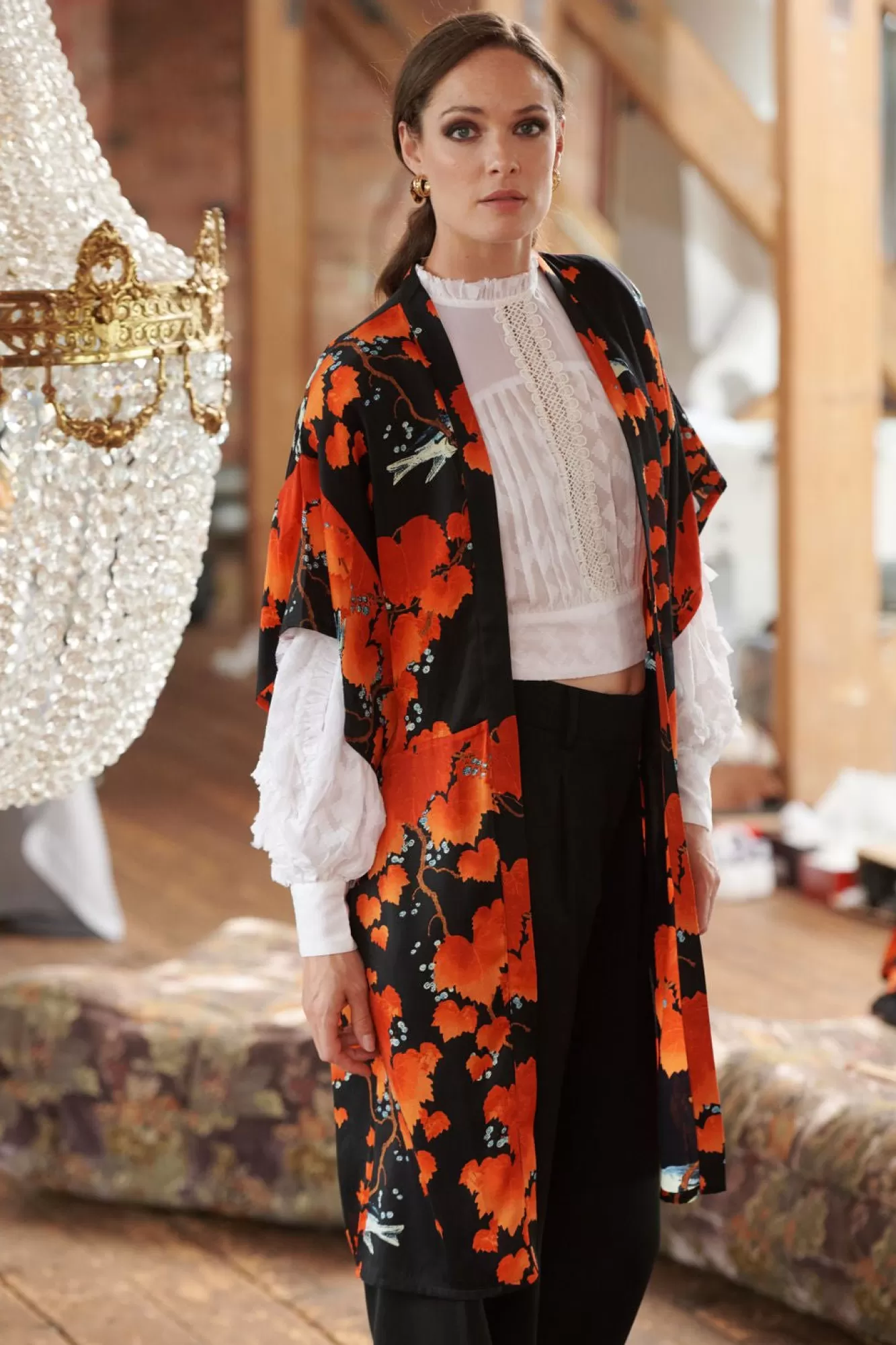 Women One Hundred Stars Midi Kimonos-Acer Black Midi Kimono