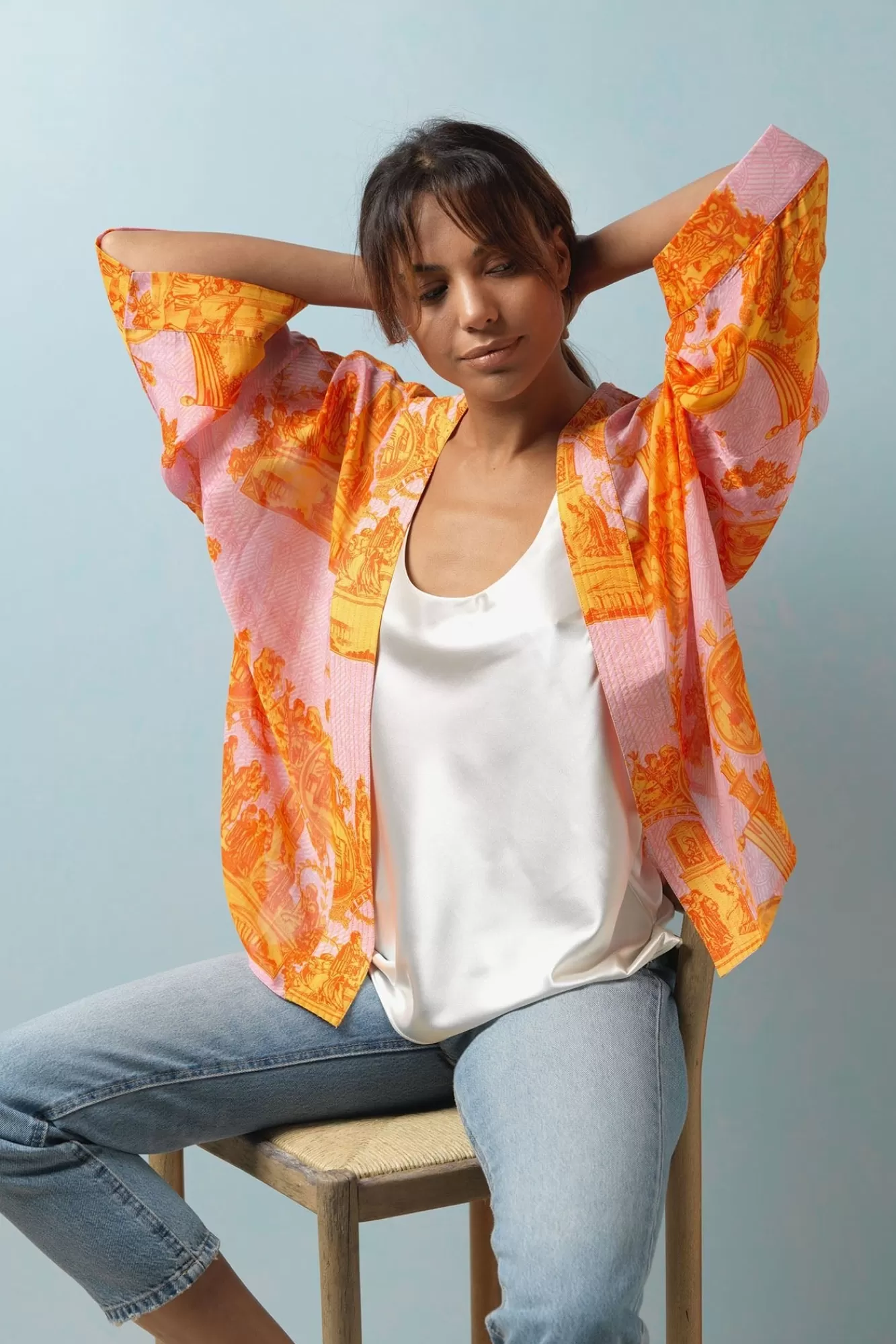 Women One Hundred Stars Short Kimonos-Ancient Columns Orange Kimono