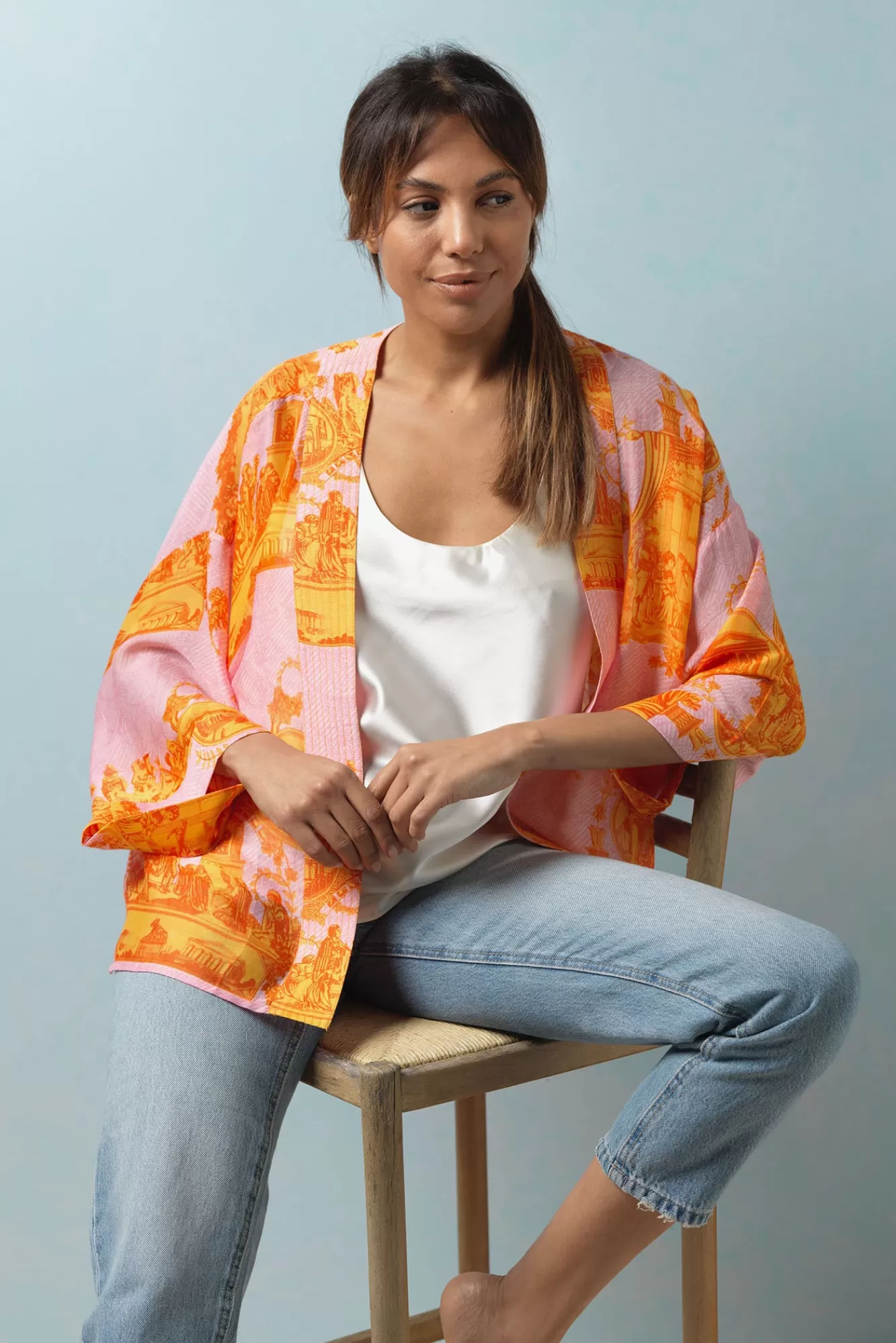 Women One Hundred Stars Short Kimonos-Ancient Columns Orange Kimono