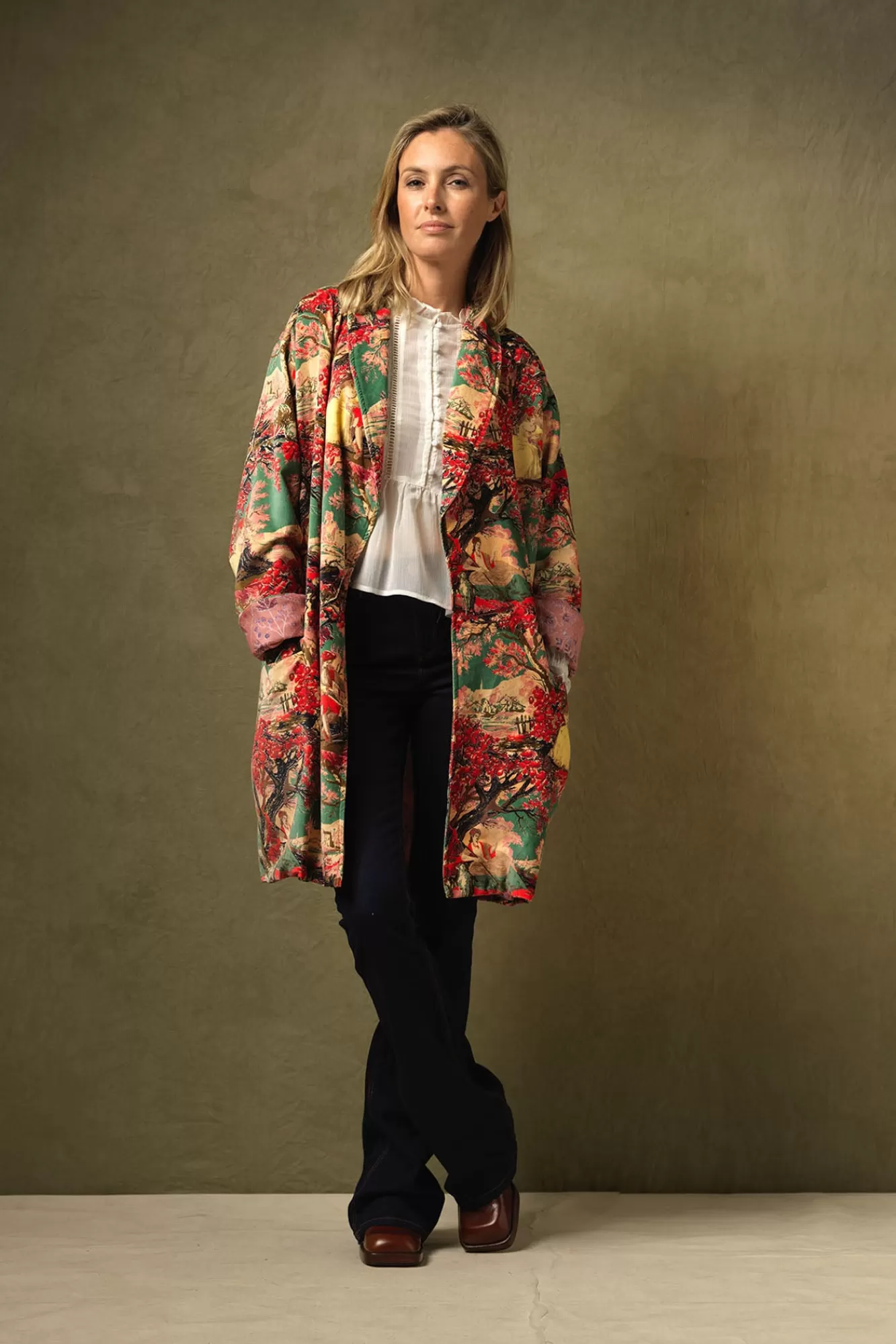 Women One Hundred Stars Velvet Coats-Country Toile Berry Velvet Boyfriend Jacket