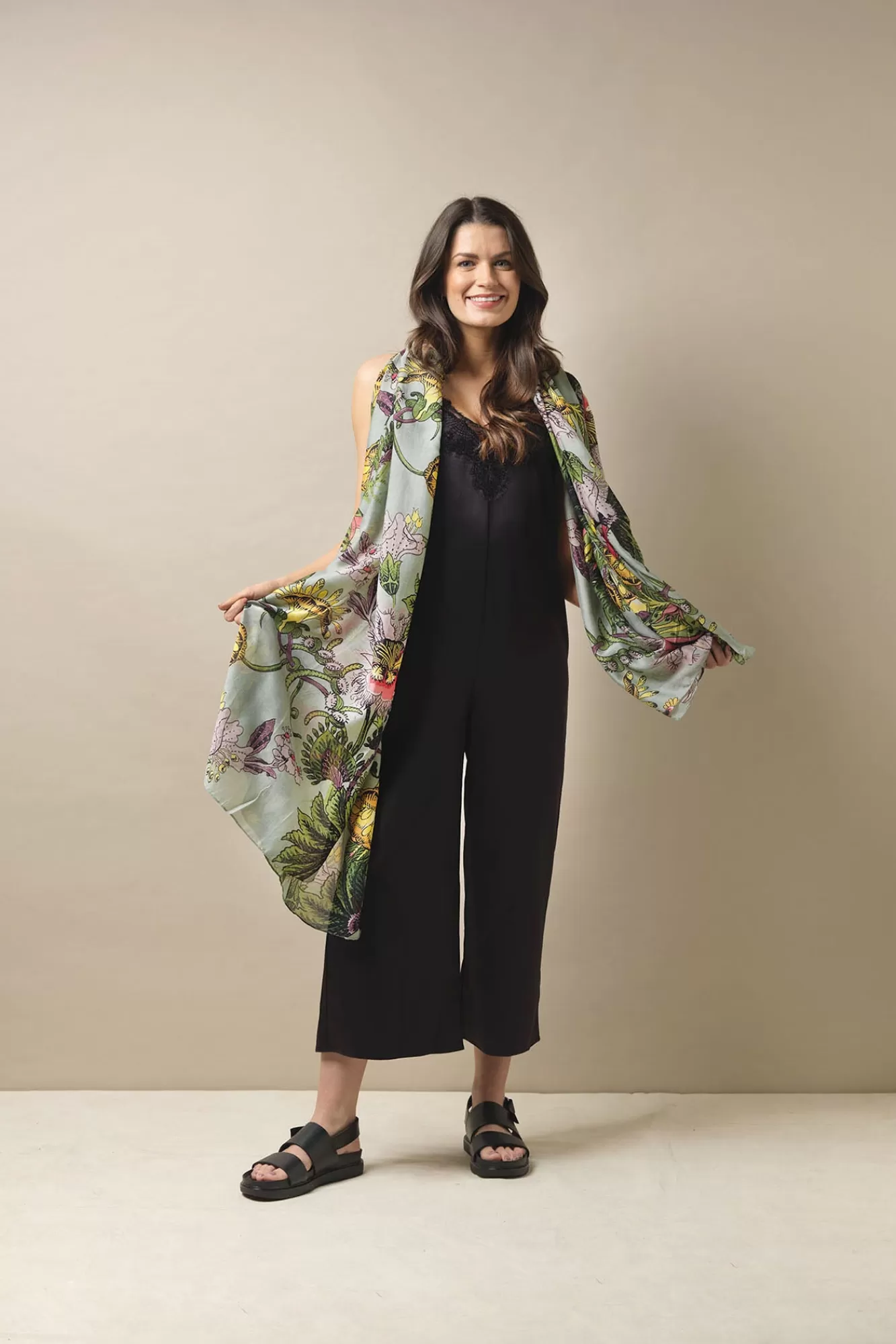 One Hundred Stars Scarves-Eccentric Blooms Putty Scarf