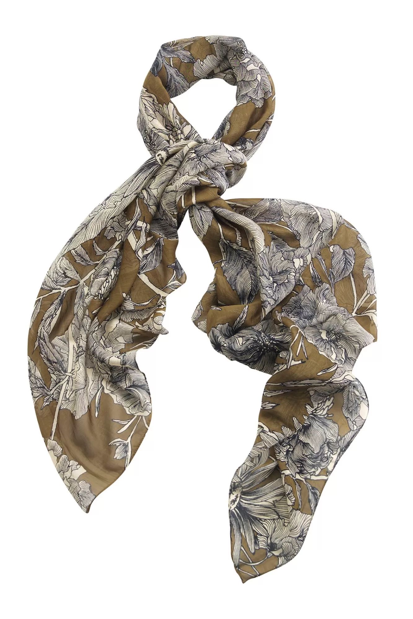 One Hundred Stars Scarves-Etched Flower Khaki Kew Scarf