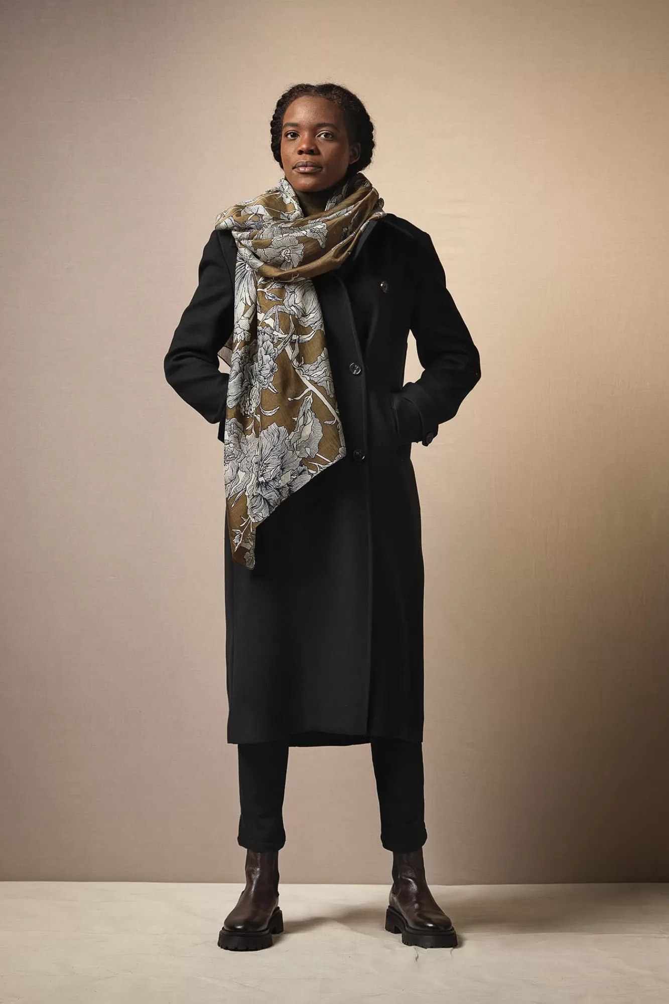 One Hundred Stars Scarves-Etched Flower Khaki Kew Scarf
