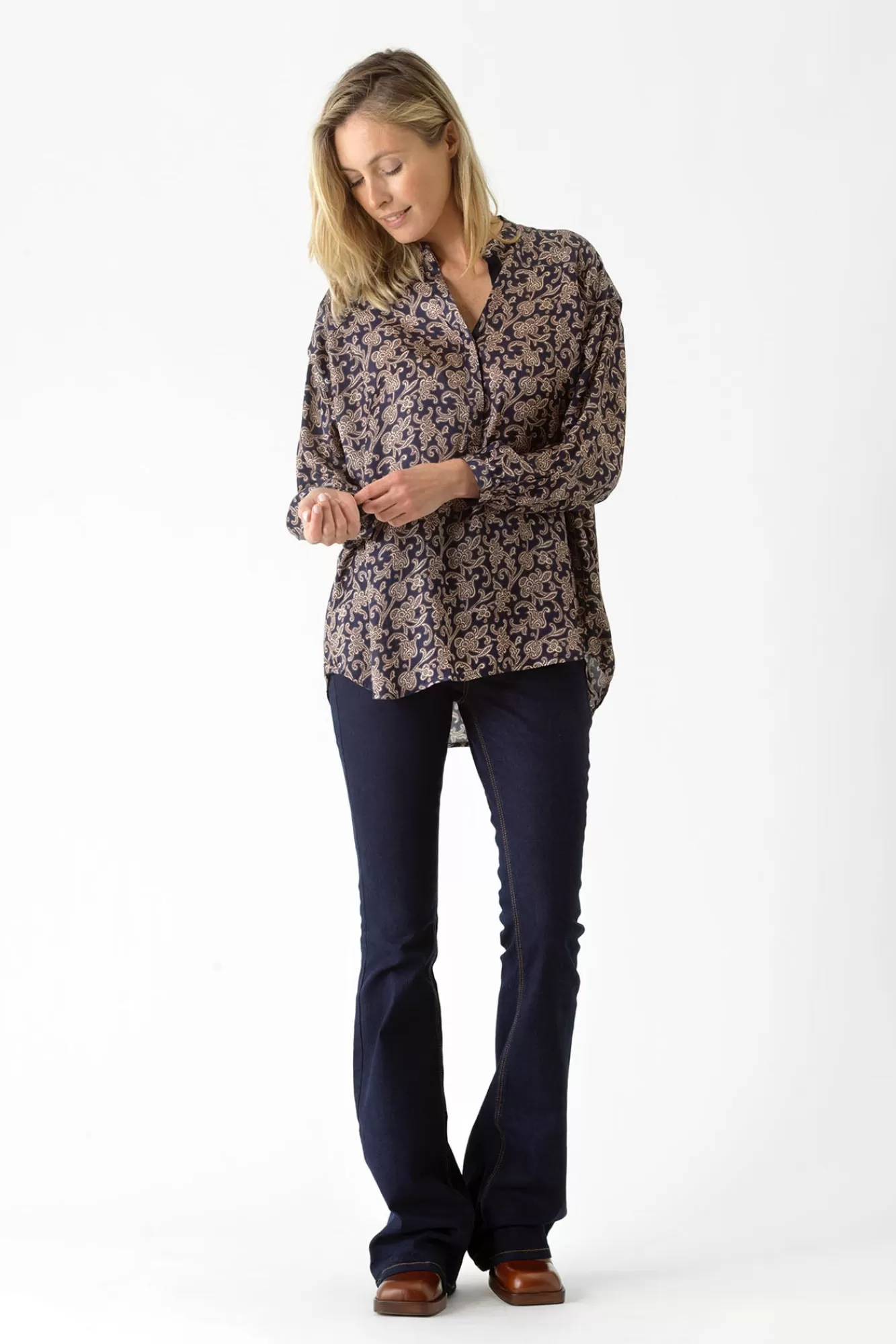 Women One Hundred Stars Tops-Floral Paisley Blue Darcy Shirt