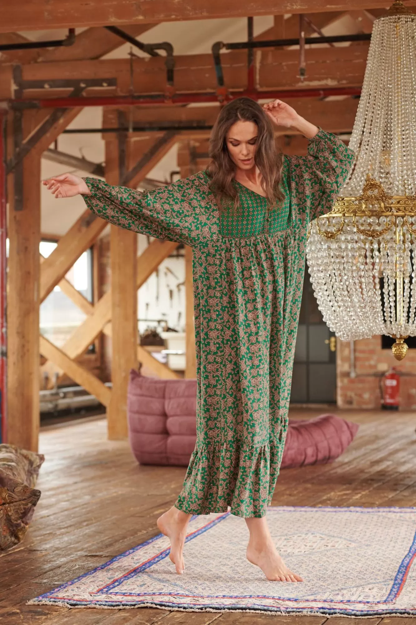 Women One Hundred Stars Dresses-Floral Paisley Green Boho Dress