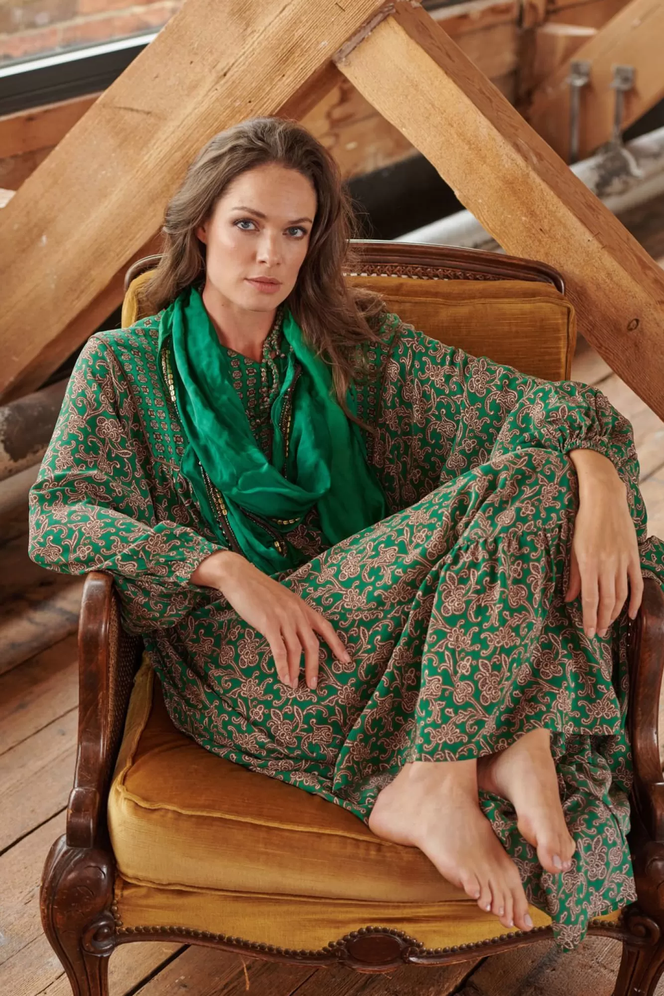 Women One Hundred Stars Dresses-Floral Paisley Green Boho Dress