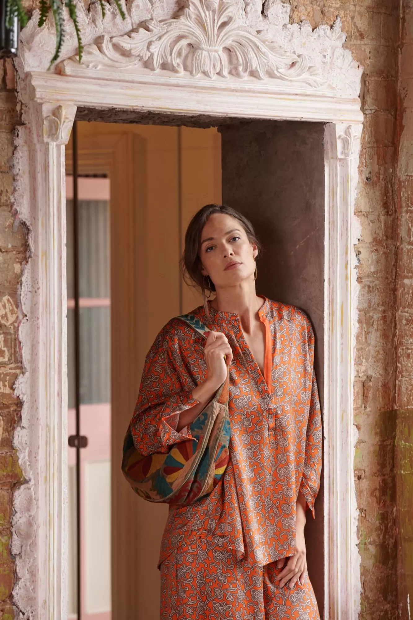 Women One Hundred Stars Tops-Floral Paisley Orange Darcy Shirt