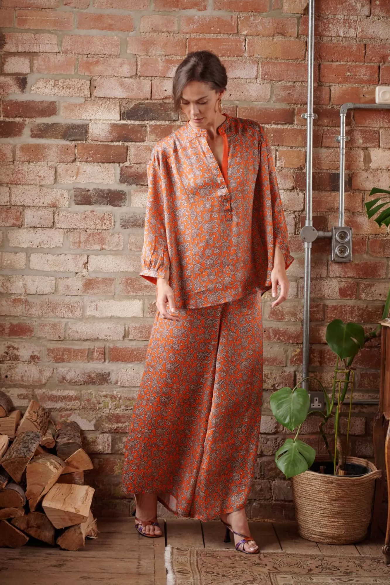 Women One Hundred Stars Tops-Floral Paisley Orange Darcy Shirt