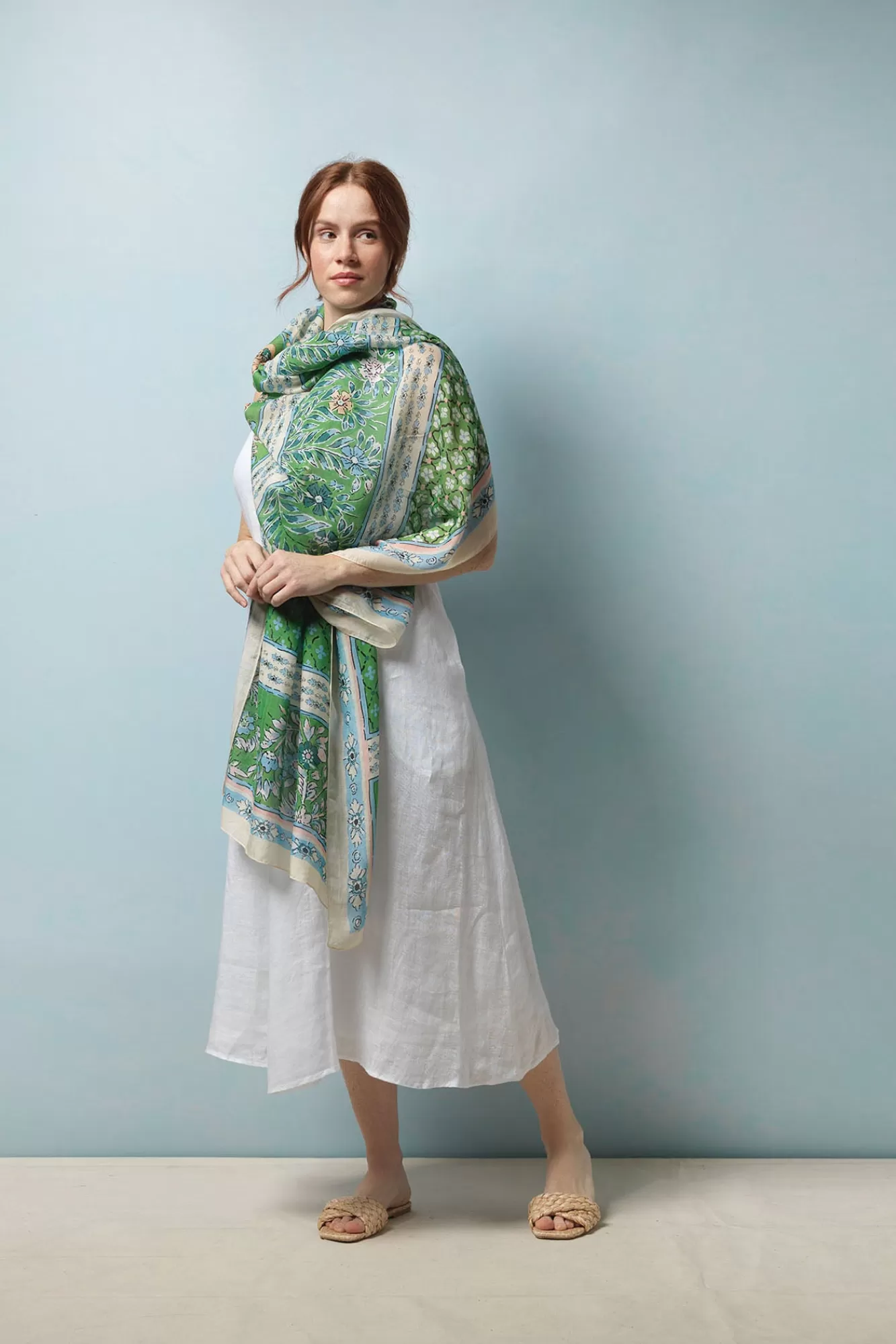 One Hundred Stars Scarves-Folk Flowers Green Scarf