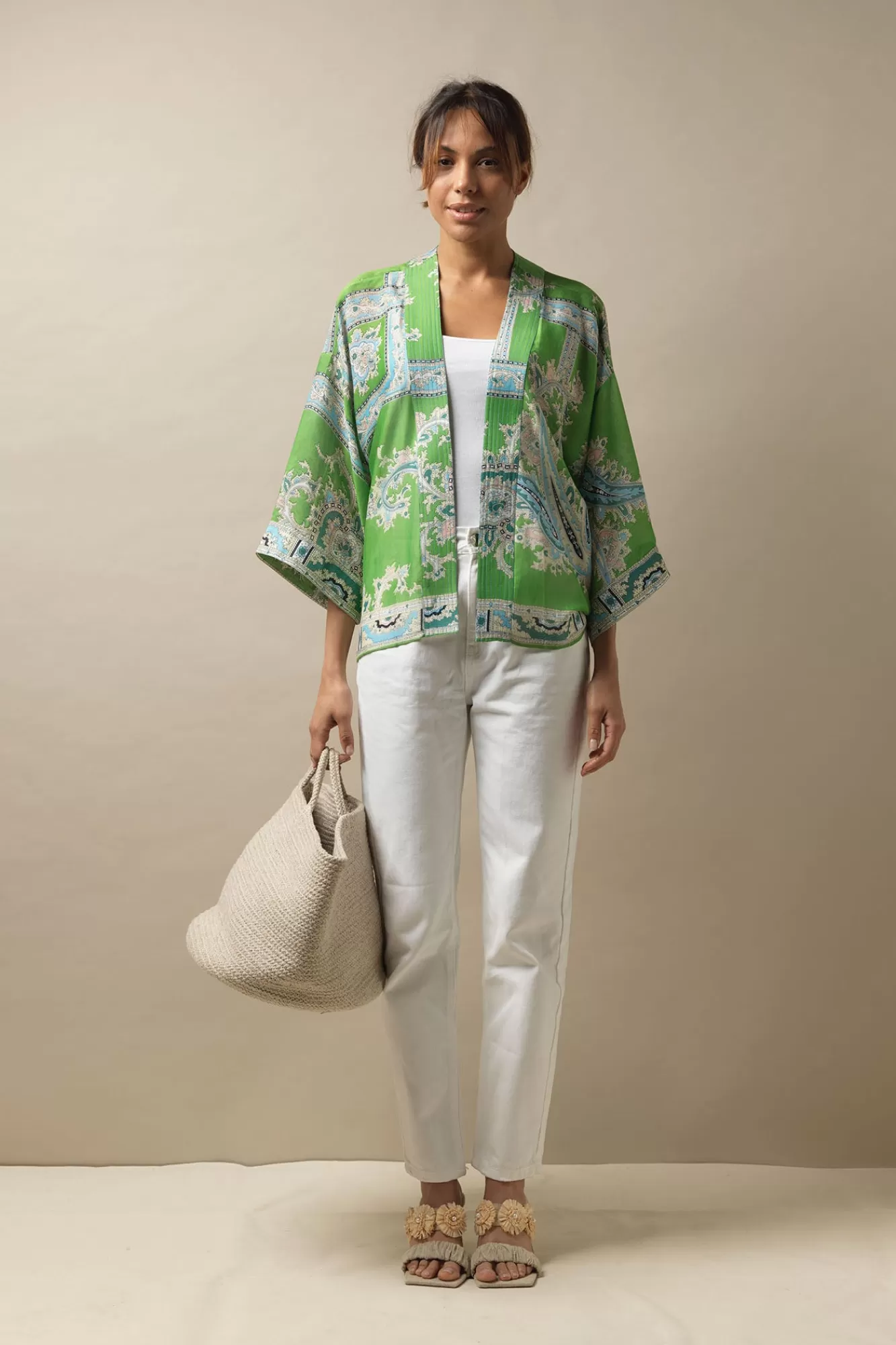 Women One Hundred Stars Short Kimonos-Handkerchief Green Kimono