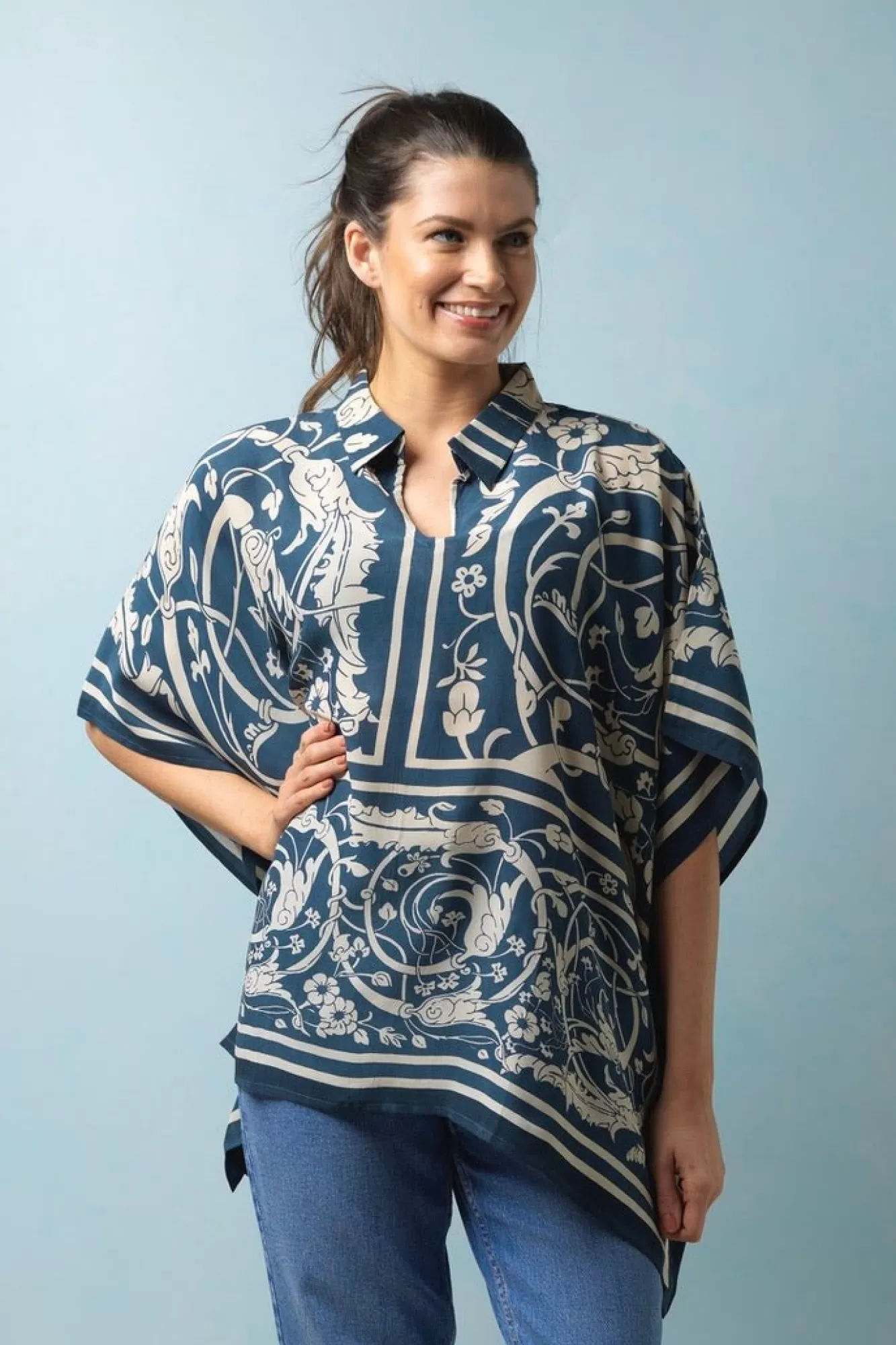 Women One Hundred Stars Tops-Jaipur Blue Tunic Top