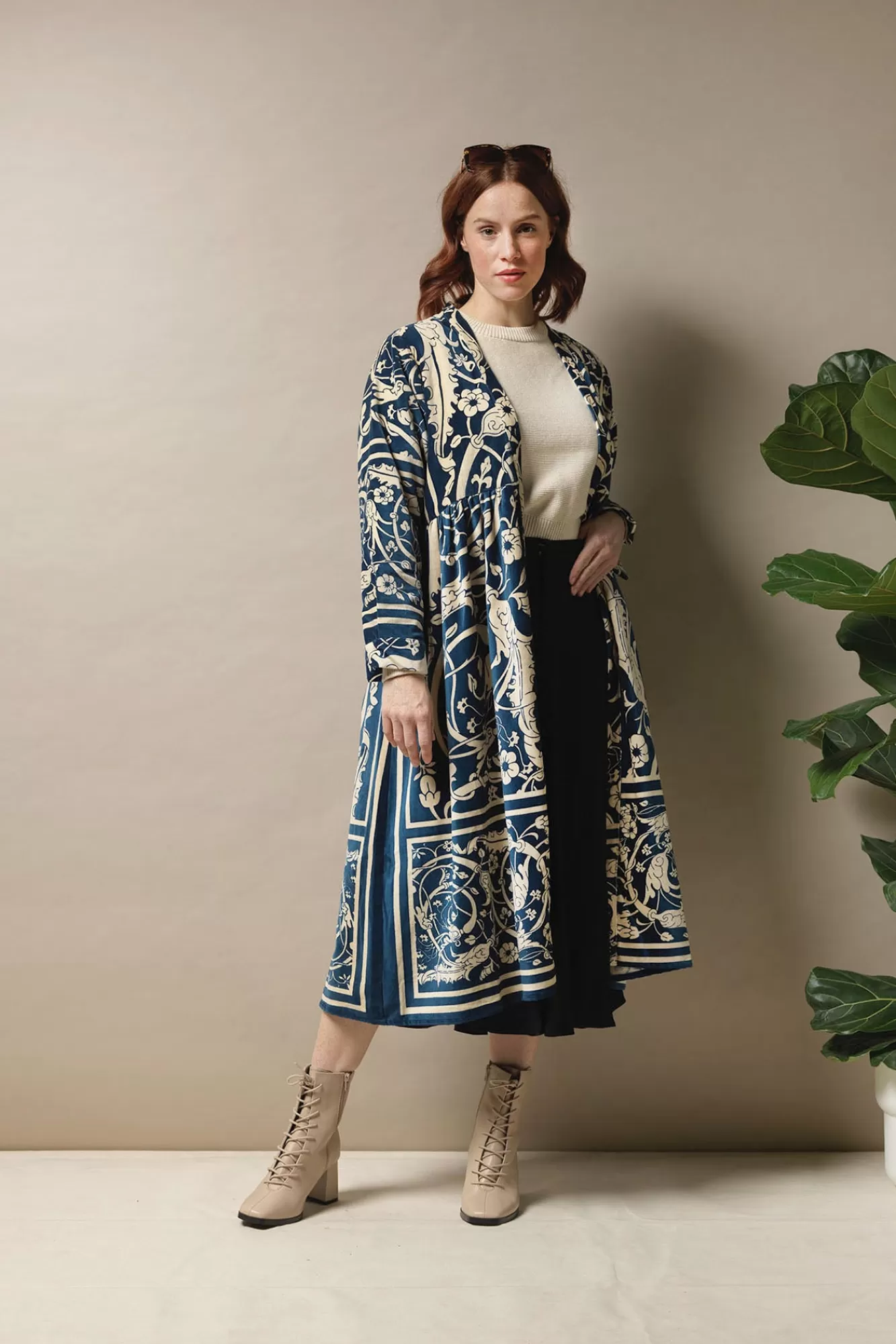 Women One Hundred Stars Velvet Coats-Jaipur Blue Velvet Duster Coat