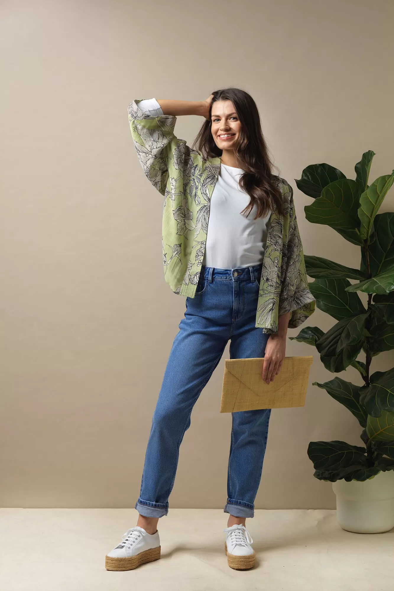 Women One Hundred Stars Short Kimonos-Kew Etched Floral Fern Kimono
