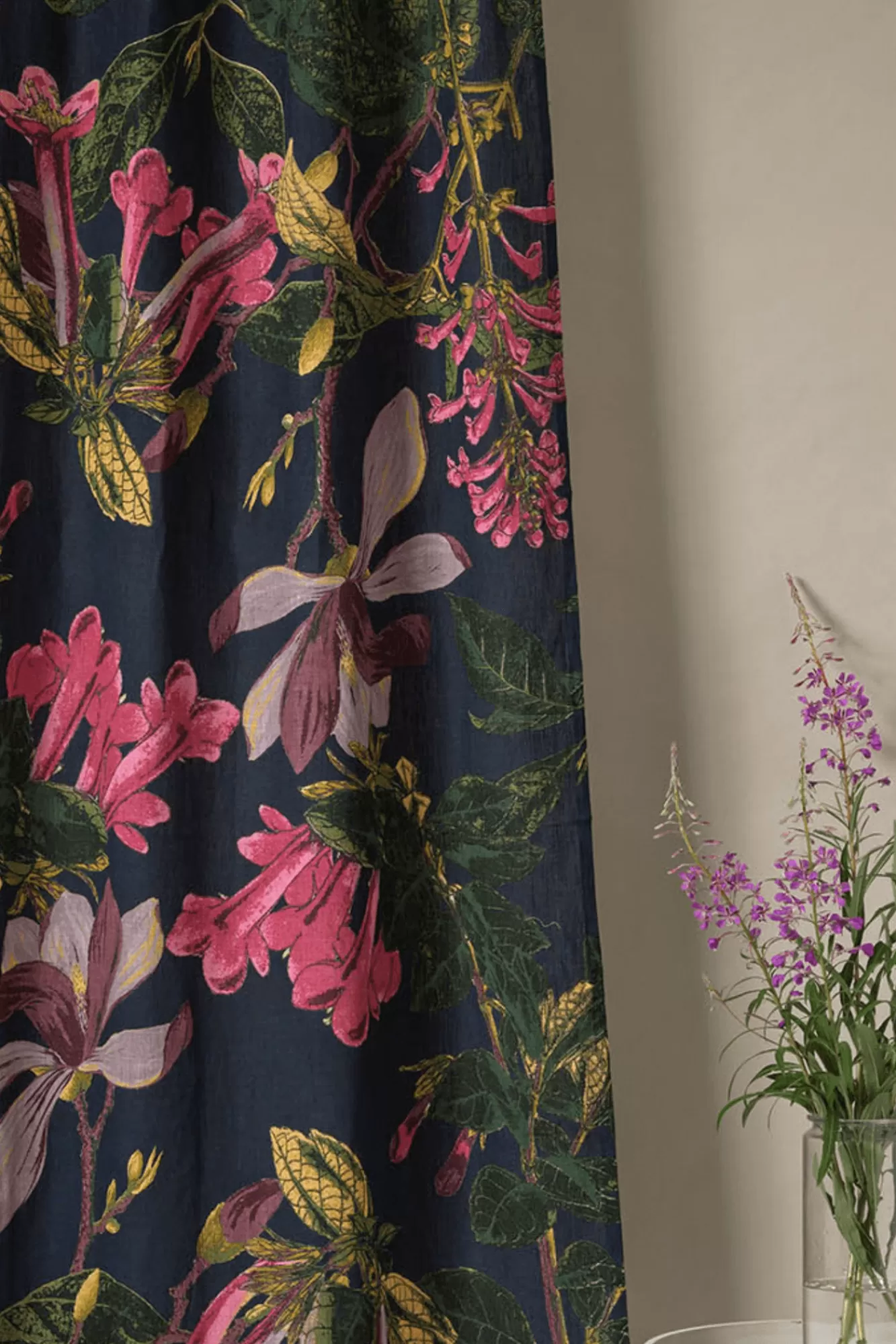 One Hundred Stars Curtains-Kew Magnolia Blue Linen Panel