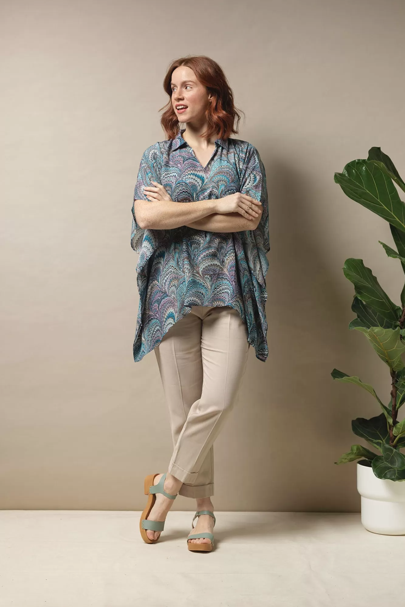 Women One Hundred Stars Tops-Marbled Blue Tunic Top