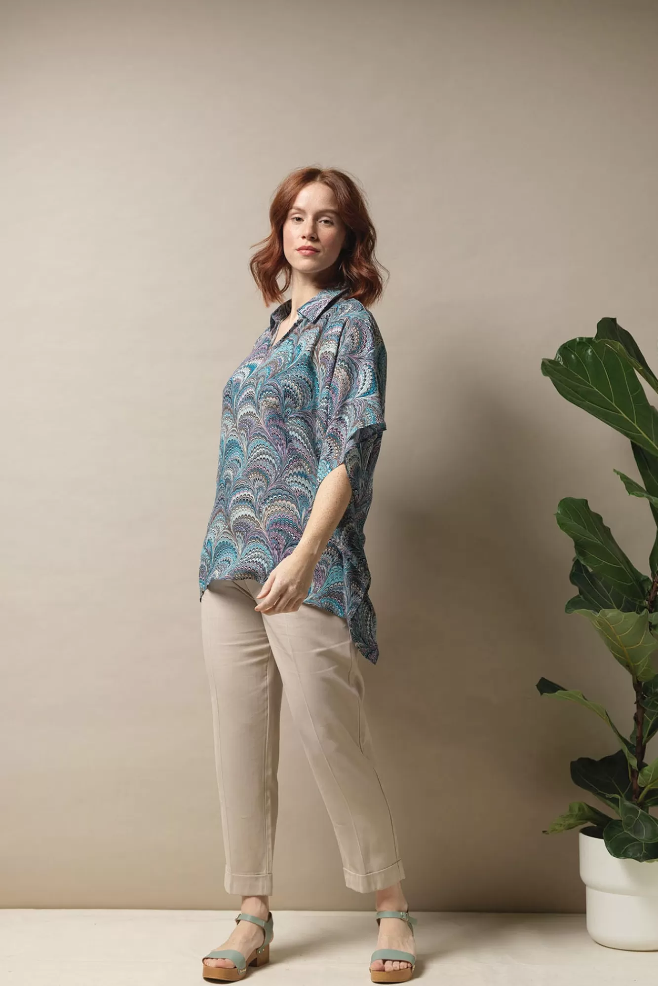 Women One Hundred Stars Tops-Marbled Blue Tunic Top