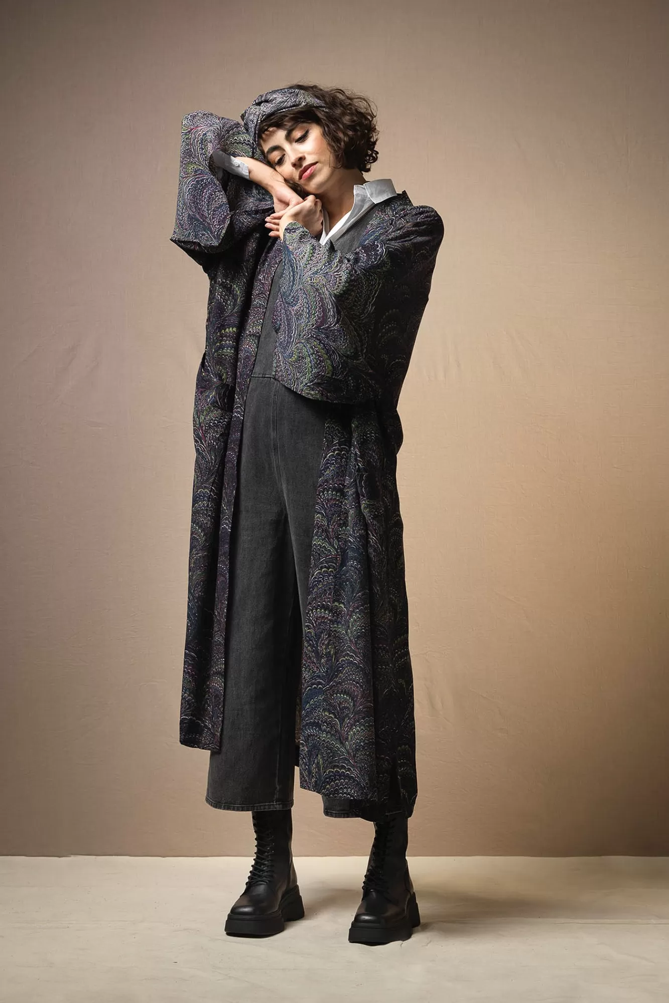 Women One Hundred Stars Long Kimonos-Marbled Indigo Crepe Long Kimono