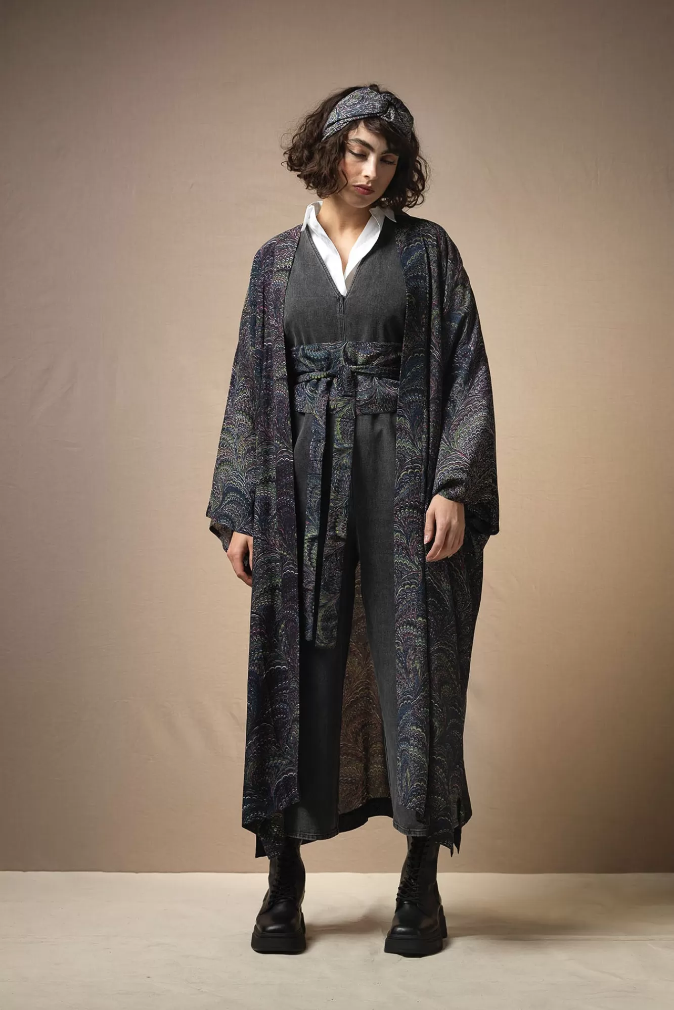 Women One Hundred Stars Long Kimonos-Marbled Indigo Crepe Long Kimono