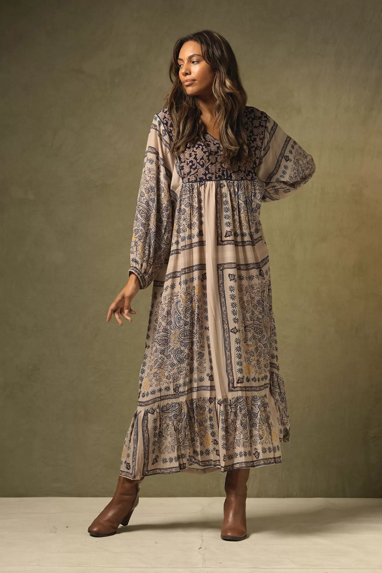 Women One Hundred Stars Dresses-Mehndi Blue Boho Dress
