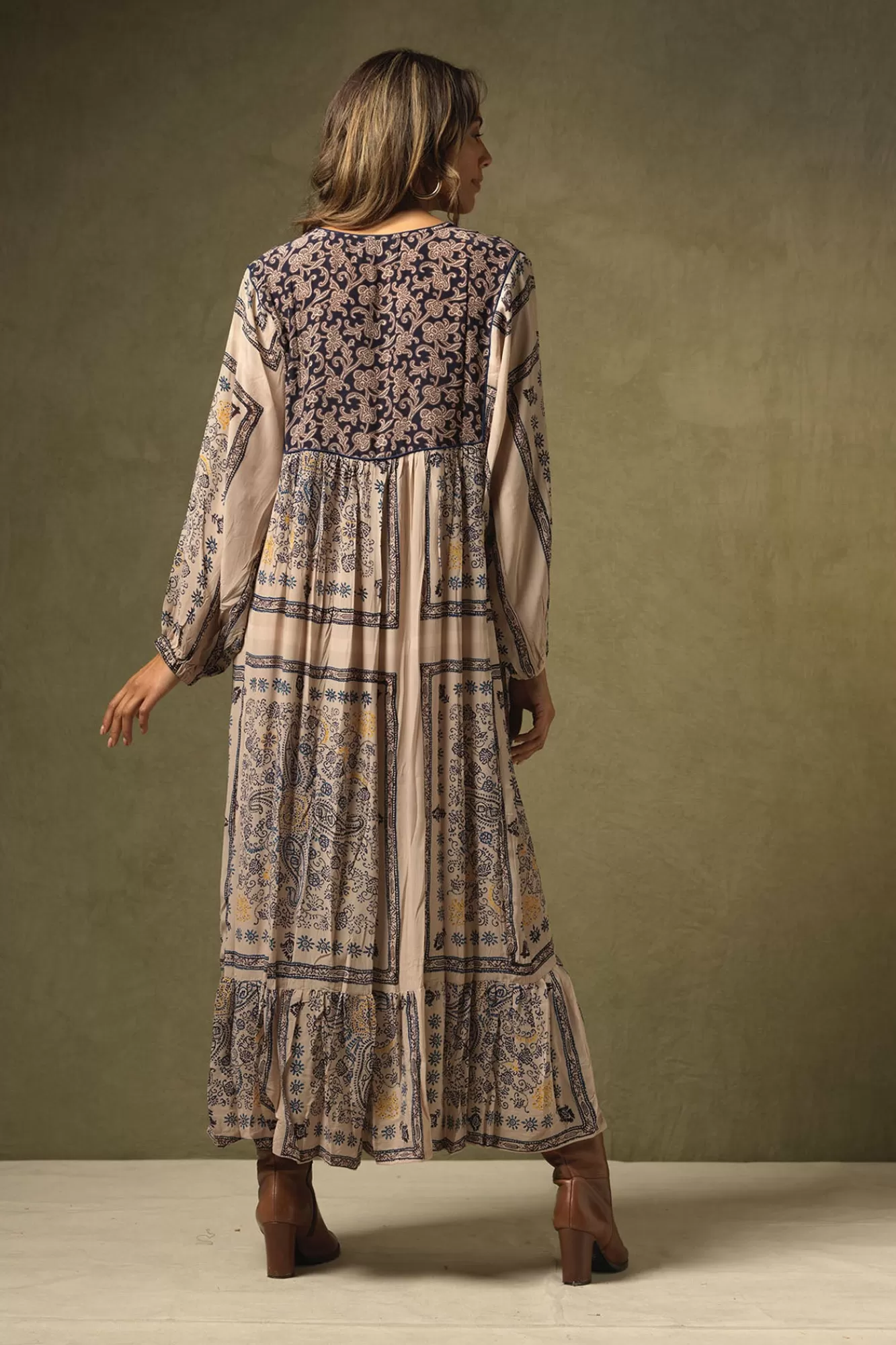 Women One Hundred Stars Dresses-Mehndi Blue Boho Dress