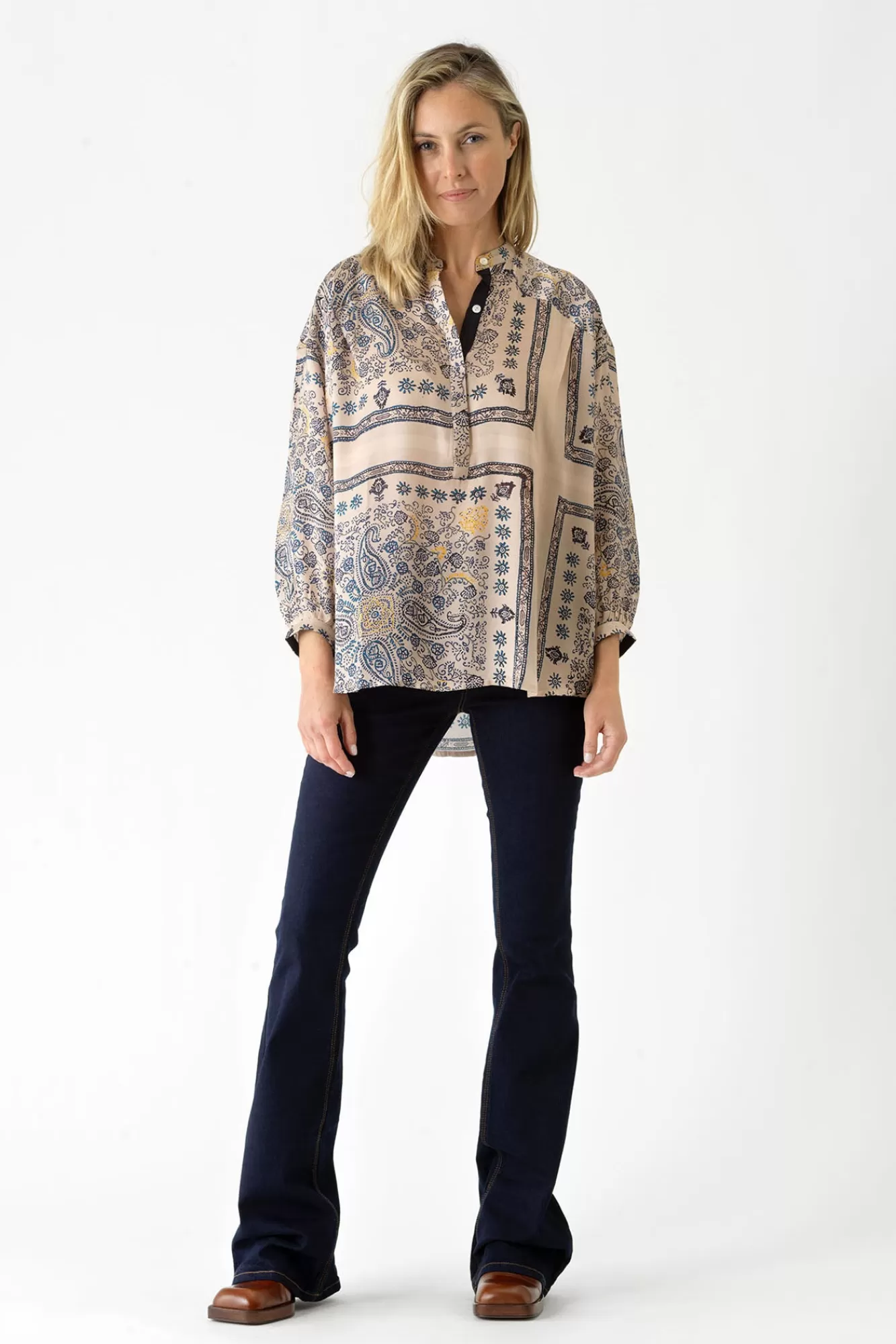 Women One Hundred Stars Tops-Mehndi Blue Darcy Shirt