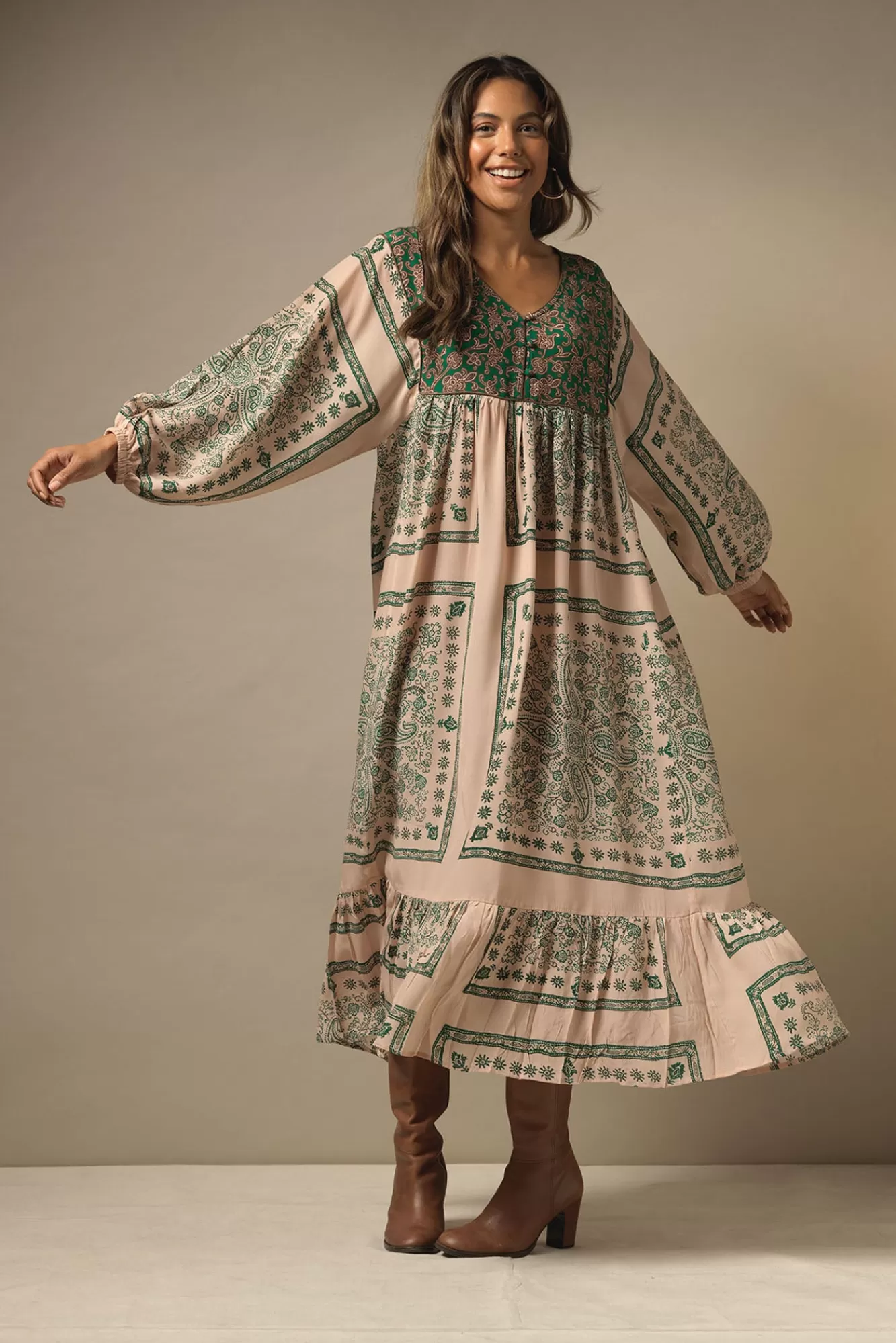 Women One Hundred Stars Dresses-Mehndi Green Boho Dress