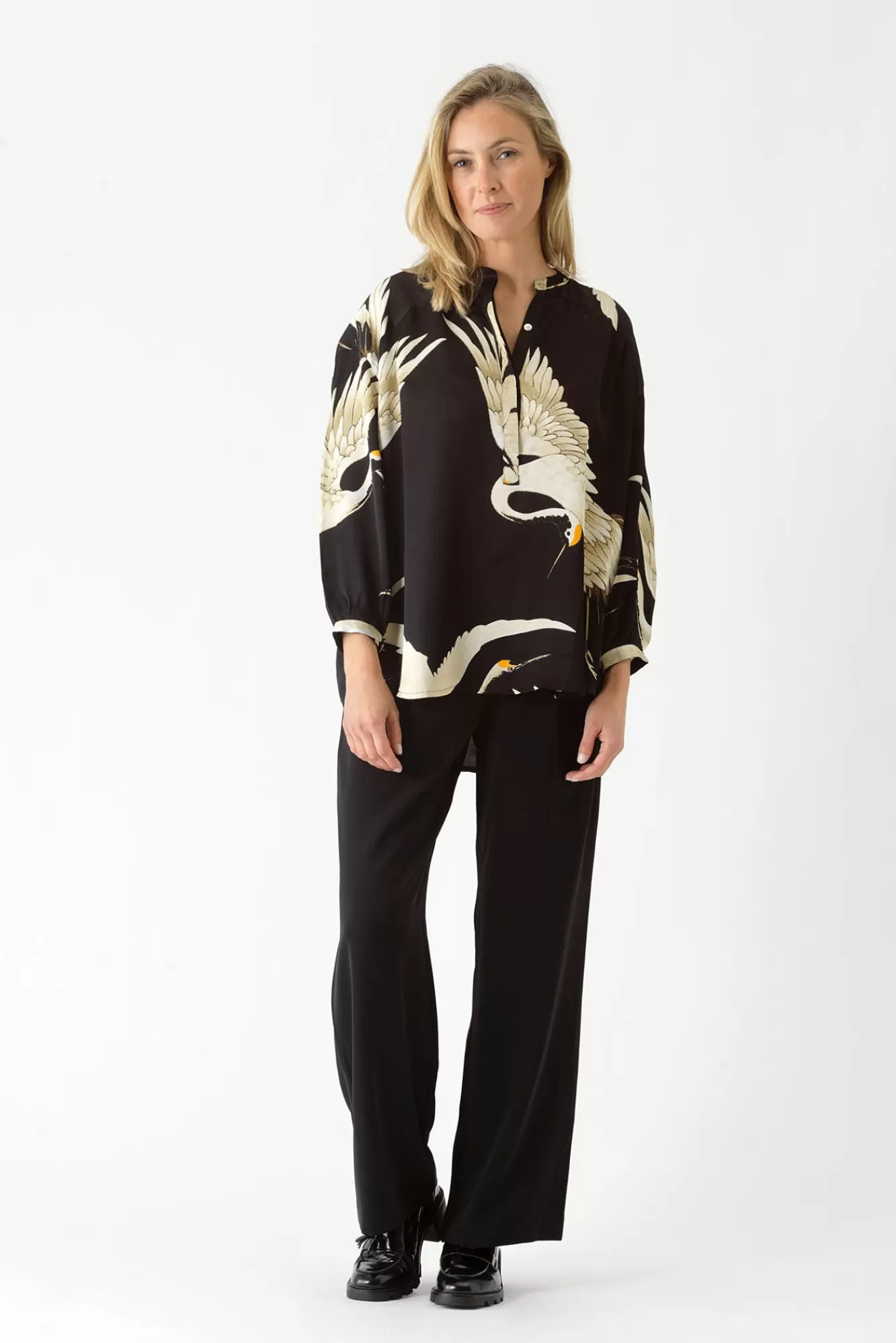 Women One Hundred Stars Tops-Stork Black Darcy Shirt