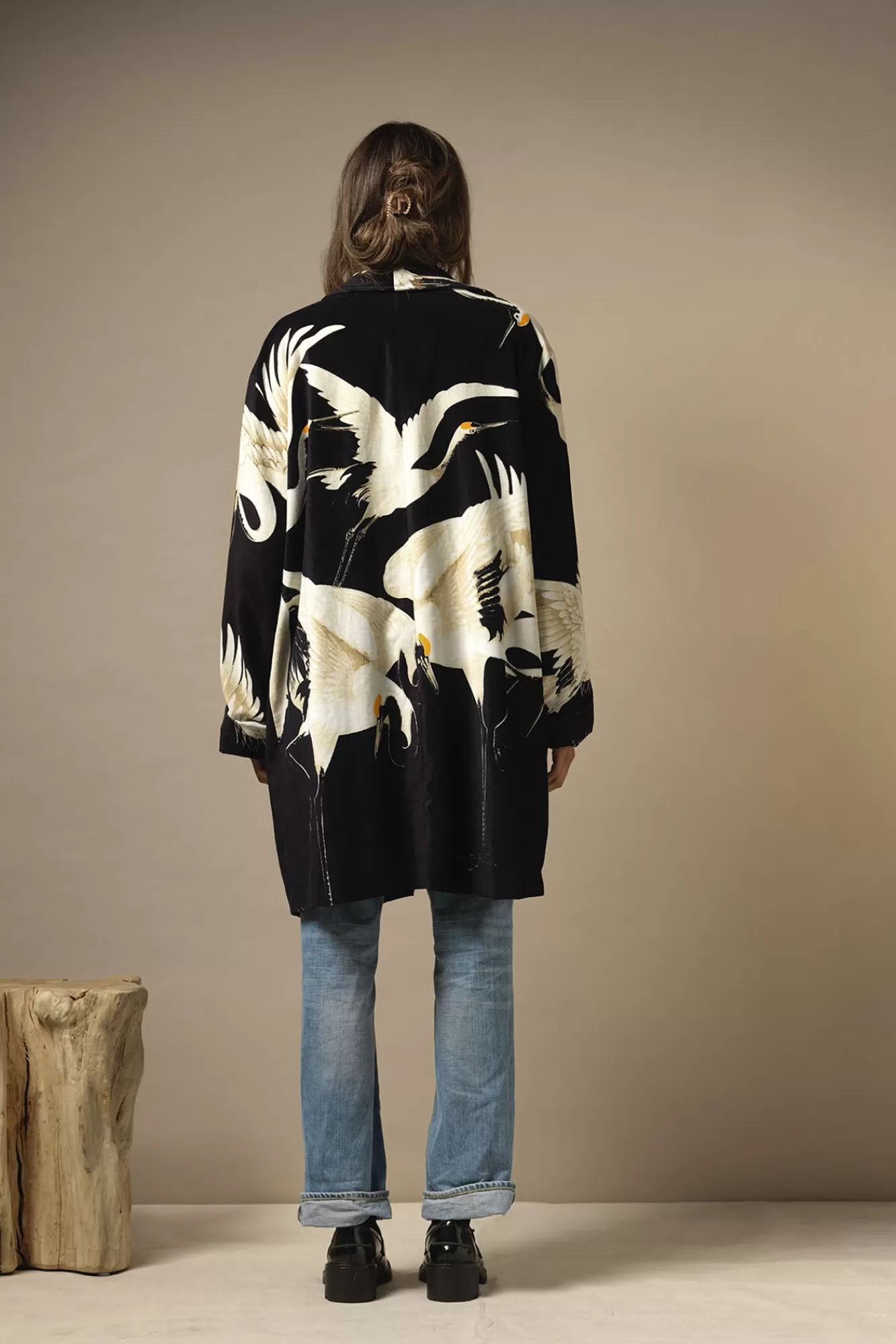 Women One Hundred Stars Velvet Coats-Stork Black Velvet Boyfriend Jacket