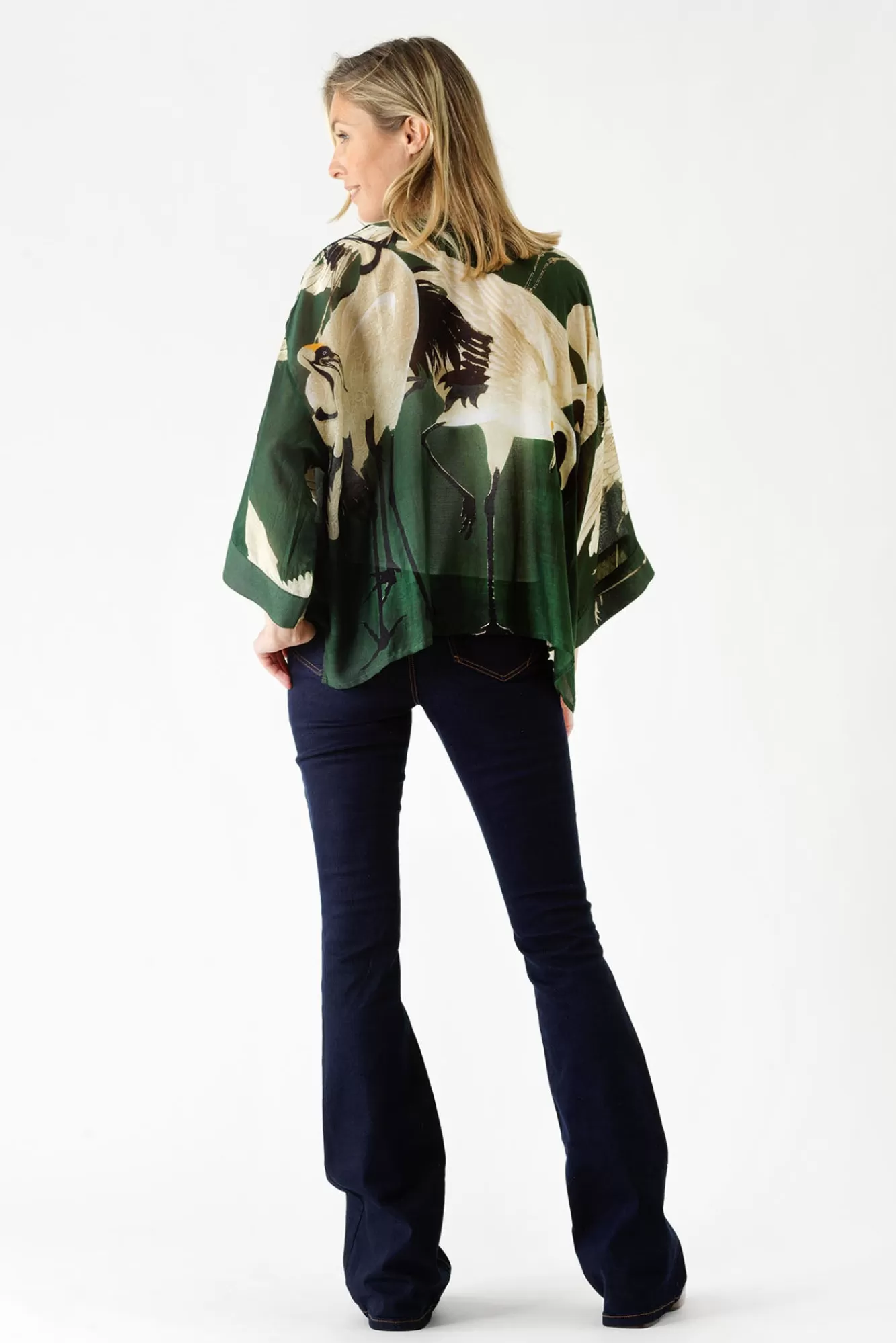 Women One Hundred Stars Short Kimonos-Stork Forest Green Kimono