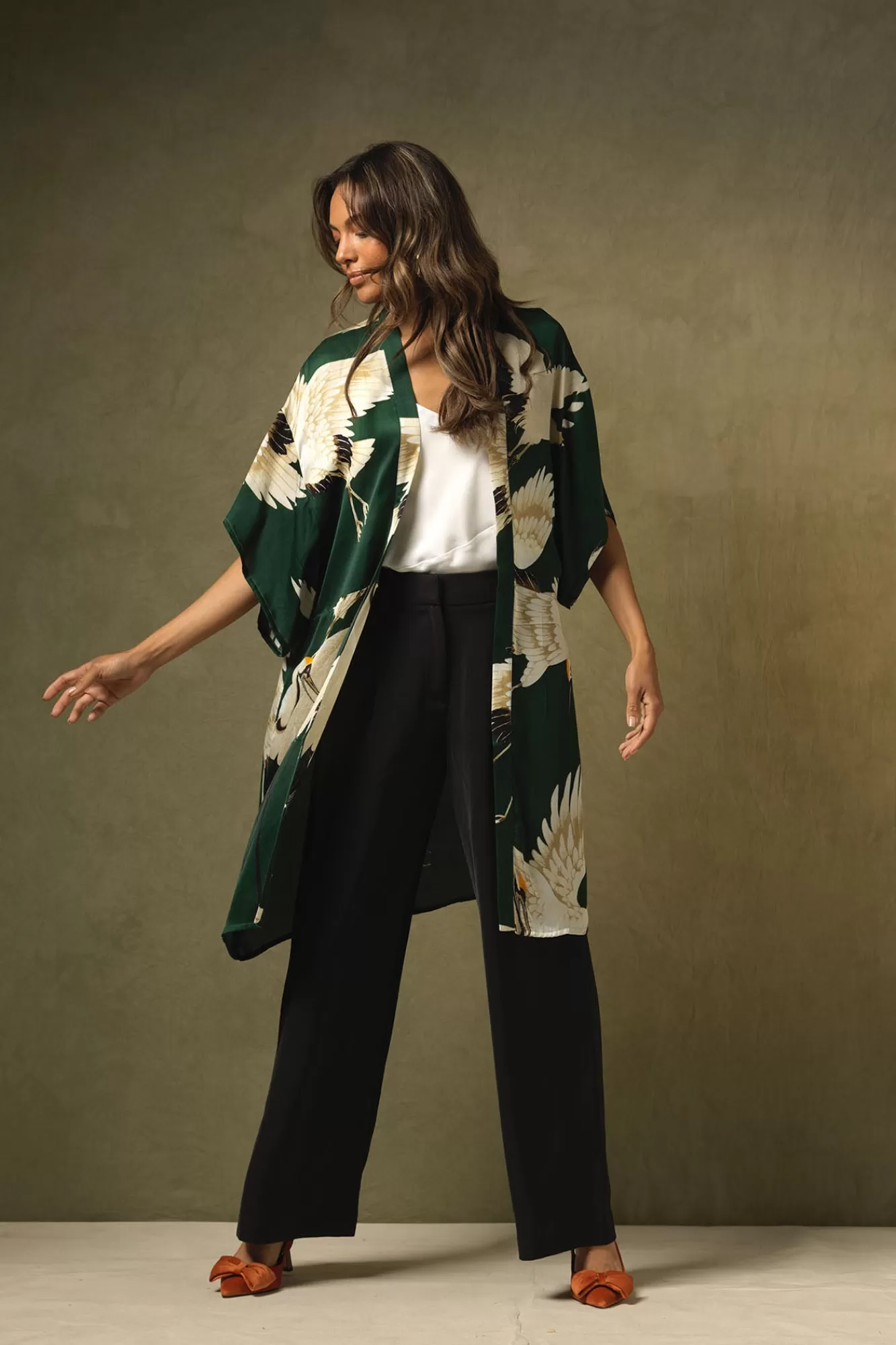 Women One Hundred Stars Midi Kimonos-Stork Forest Green Midi Kimono