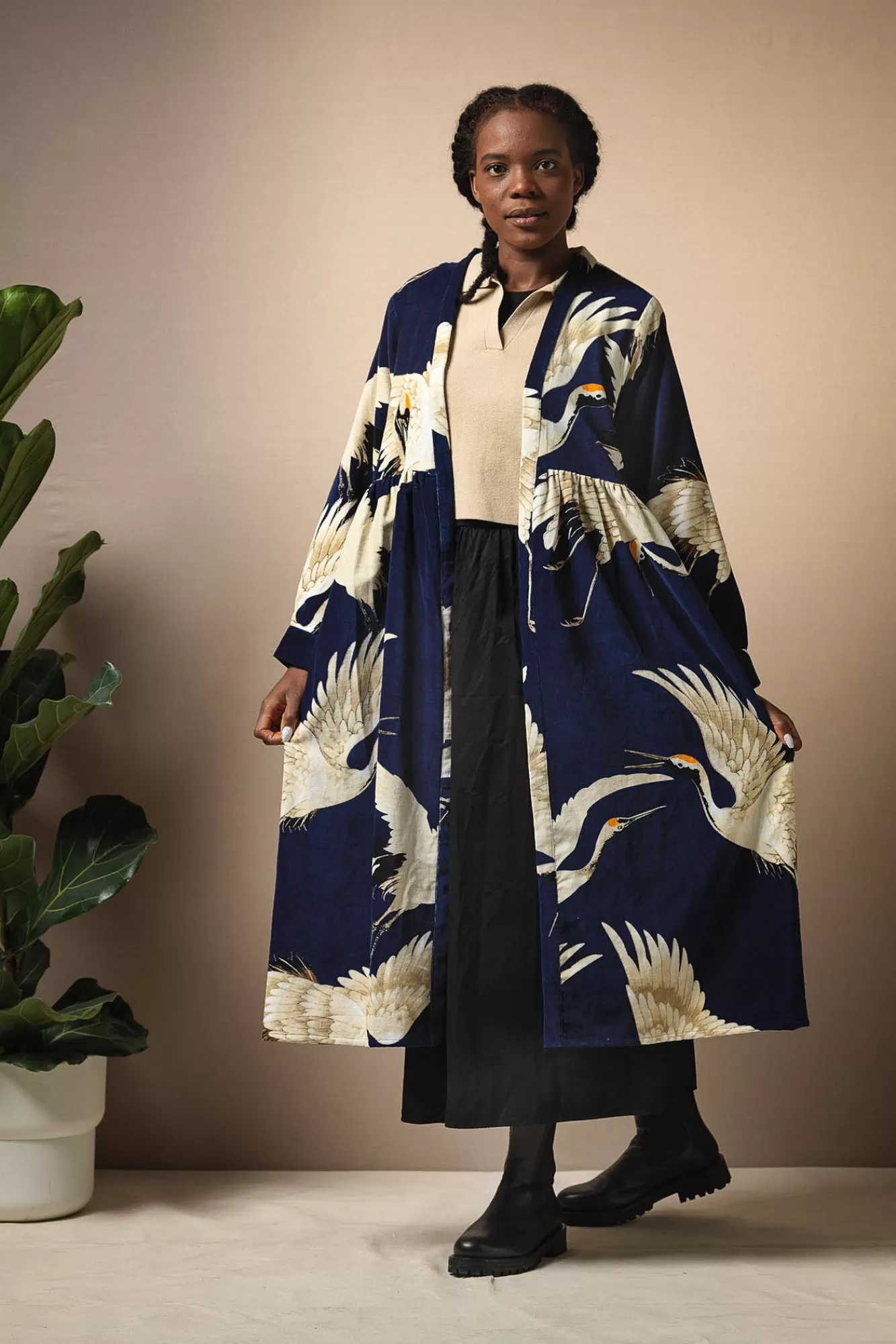 Women One Hundred Stars Velvet Coats-Stork Navy Velvet Duster Coat