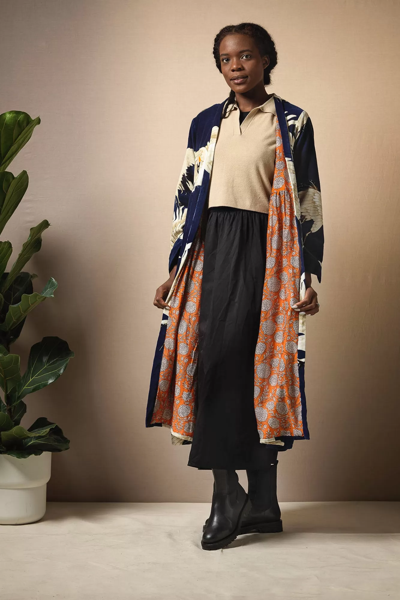 Women One Hundred Stars Velvet Coats-Stork Navy Velvet Duster Coat