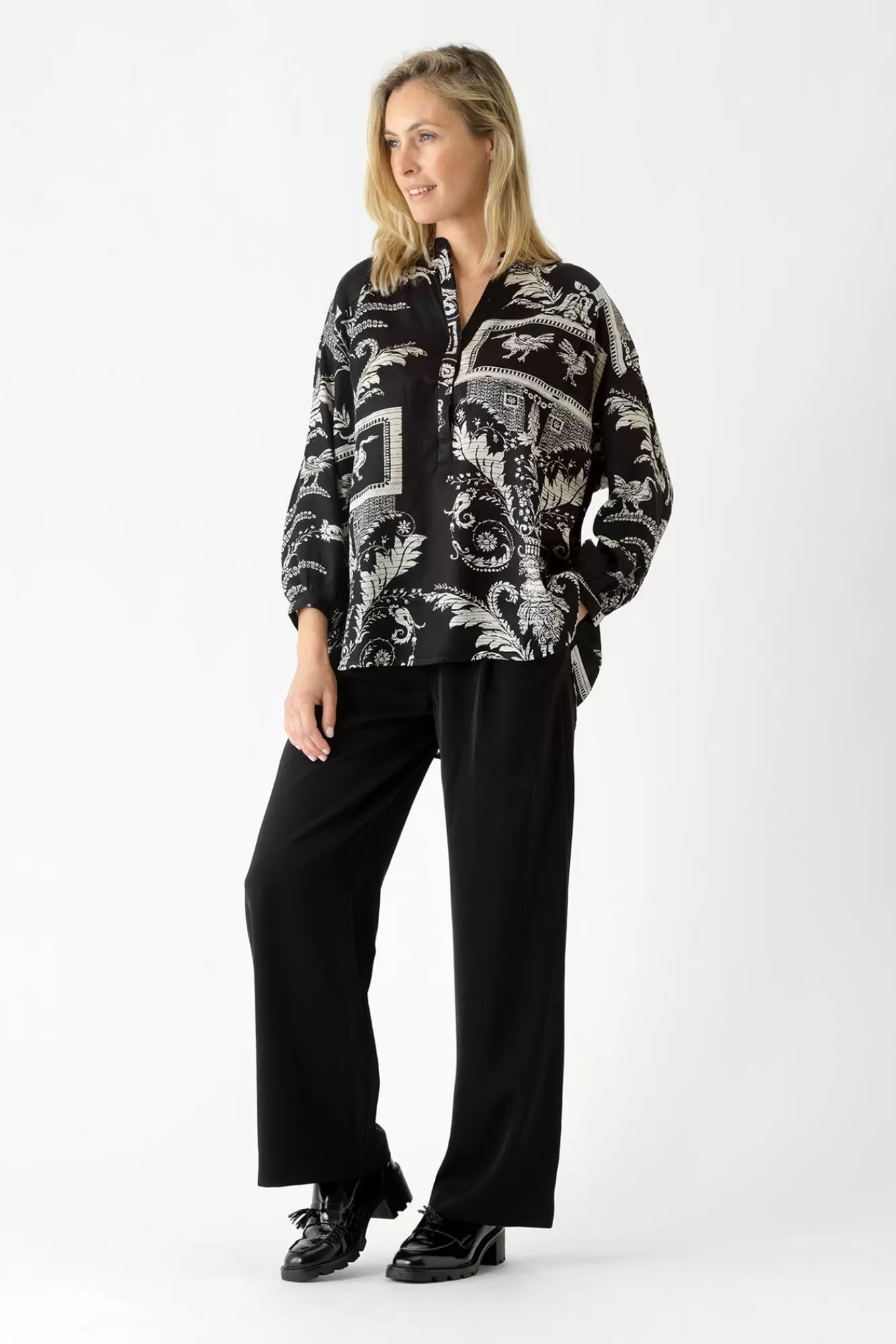 Women One Hundred Stars Tops-Vintage Damask Black Darcy Shirt