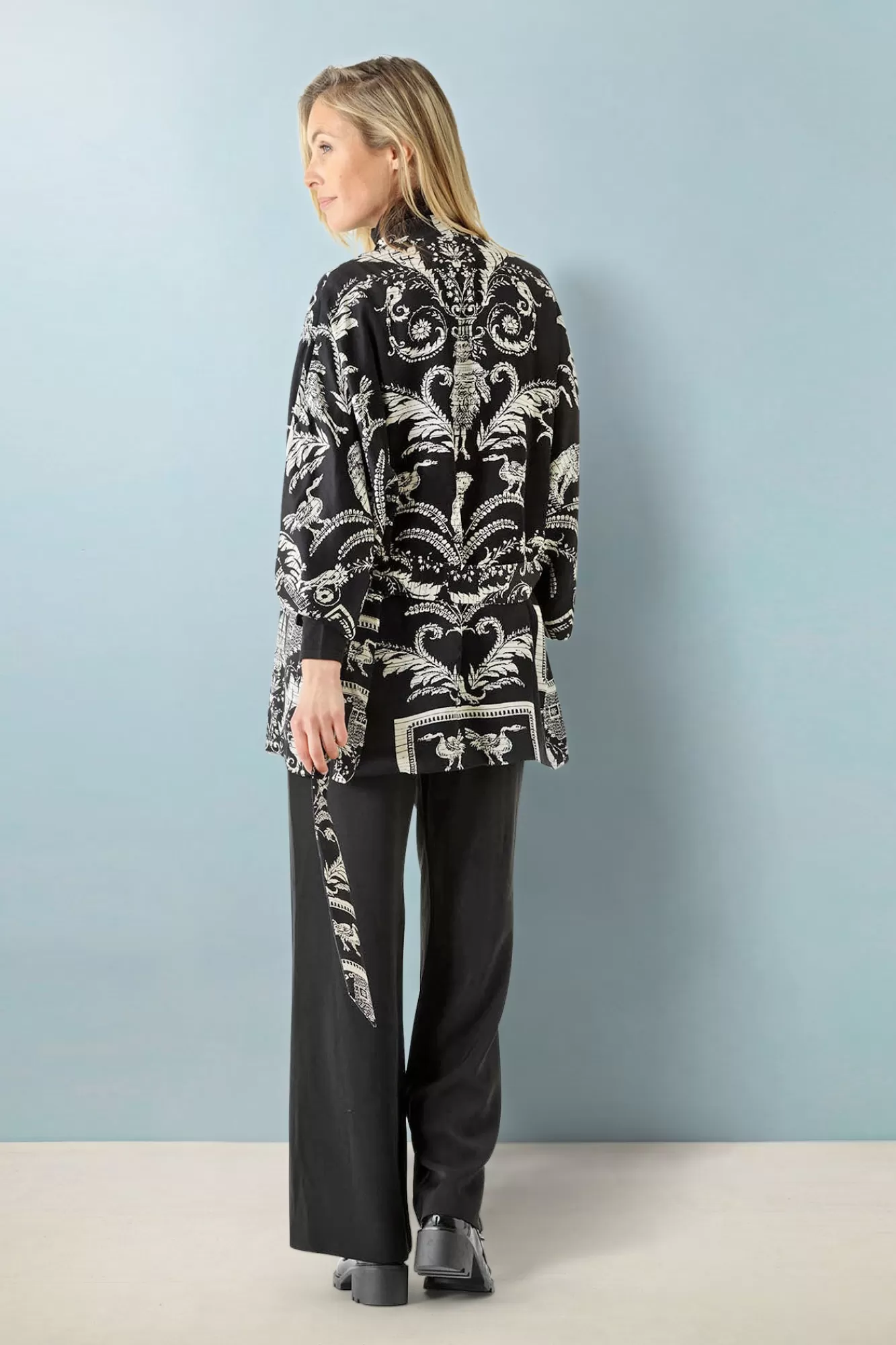 Women One Hundred Stars Wrap Jackets-Vintage Damask Black Wrap Jacket