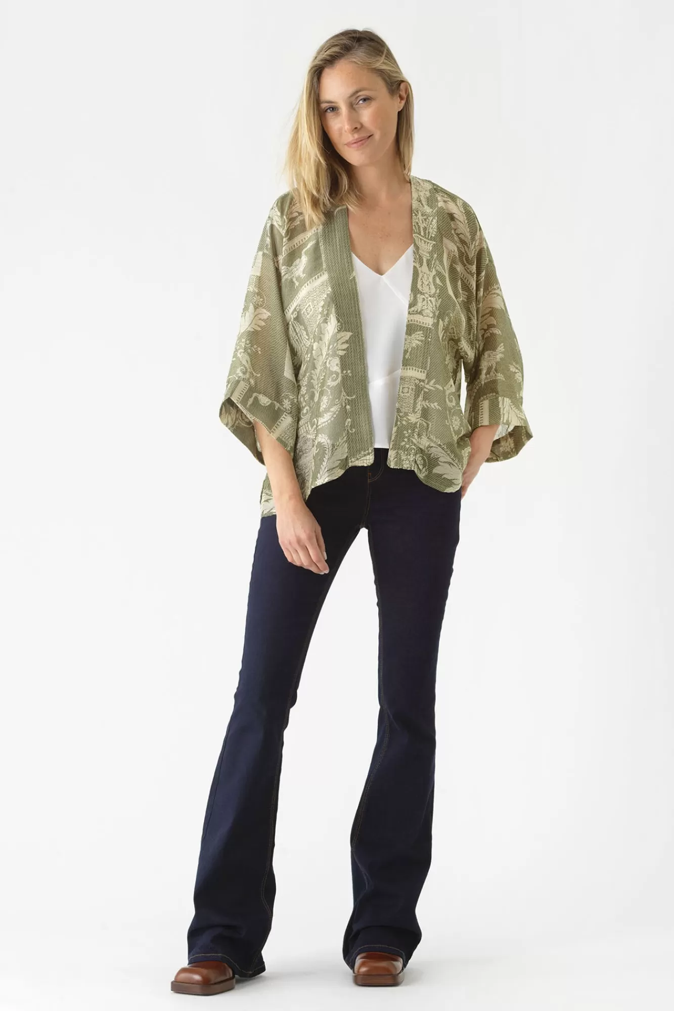 Women One Hundred Stars Short Kimonos-Vintage Damask Sage Kimono