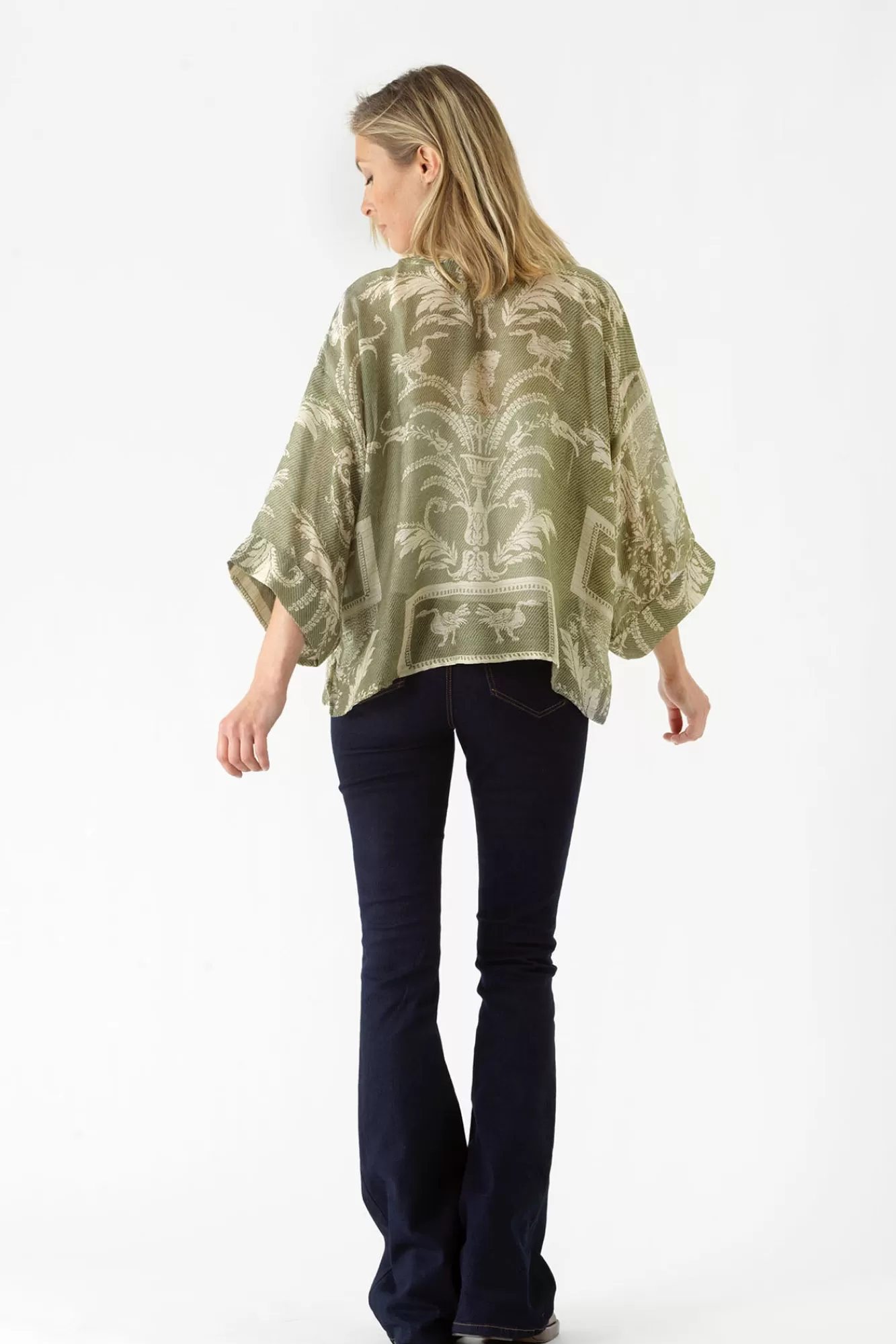 Women One Hundred Stars Short Kimonos-Vintage Damask Sage Kimono