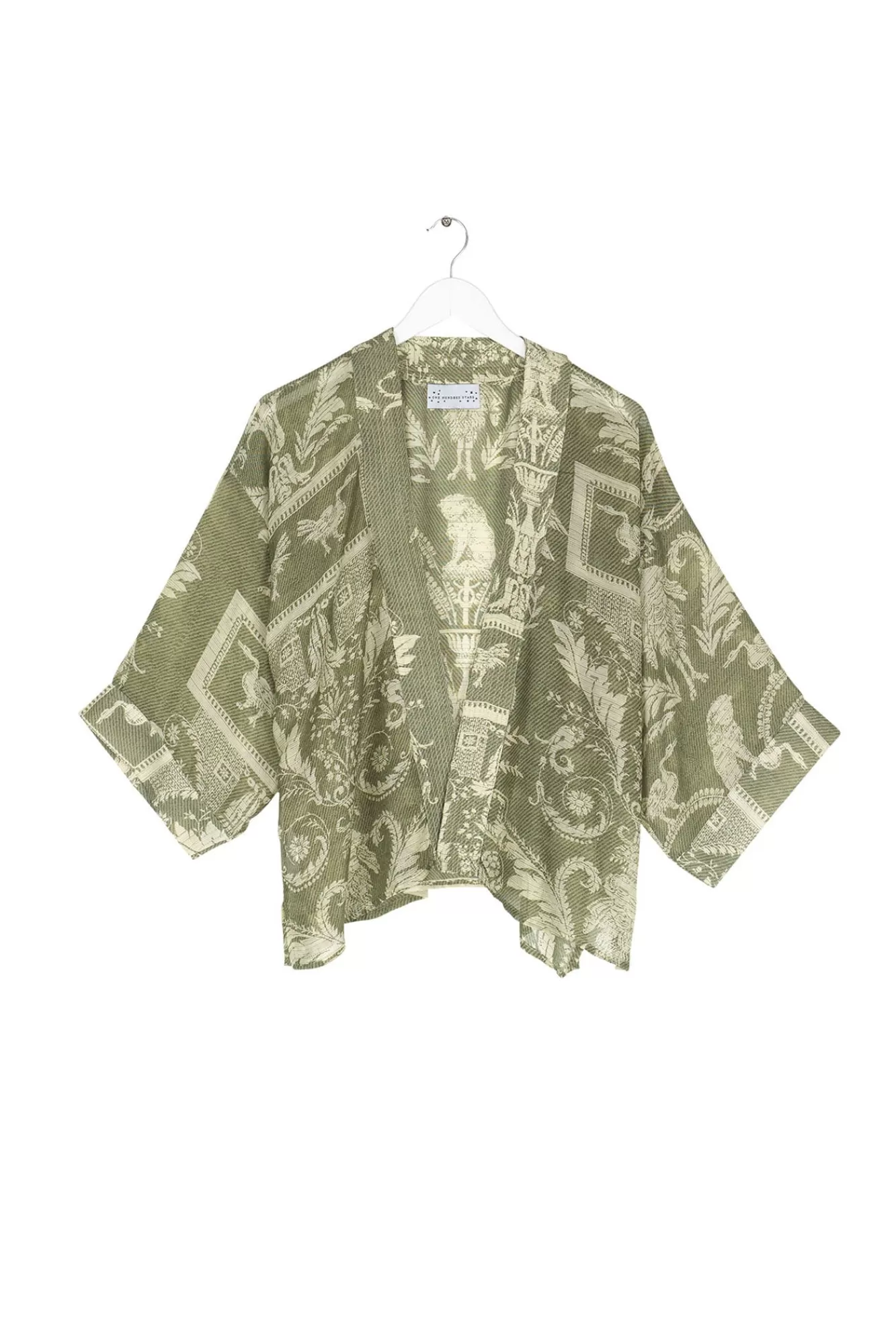 Women One Hundred Stars Short Kimonos-Vintage Damask Sage Kimono