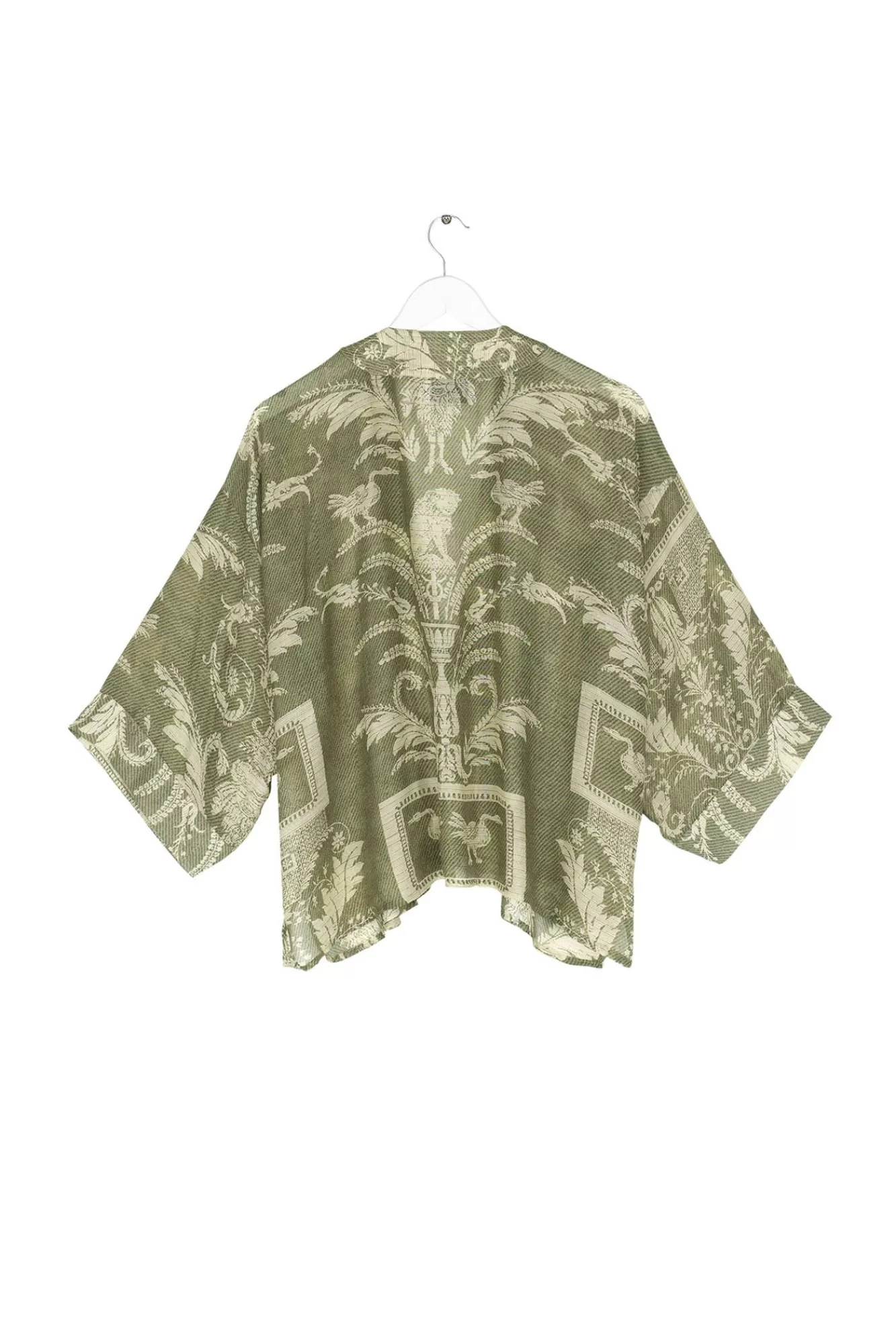 Women One Hundred Stars Short Kimonos-Vintage Damask Sage Kimono