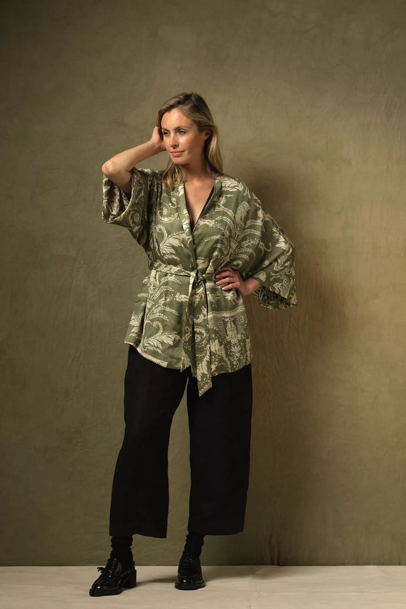 Women One Hundred Stars Wrap Jackets-Vintage Damask Sage Wrap Jacket