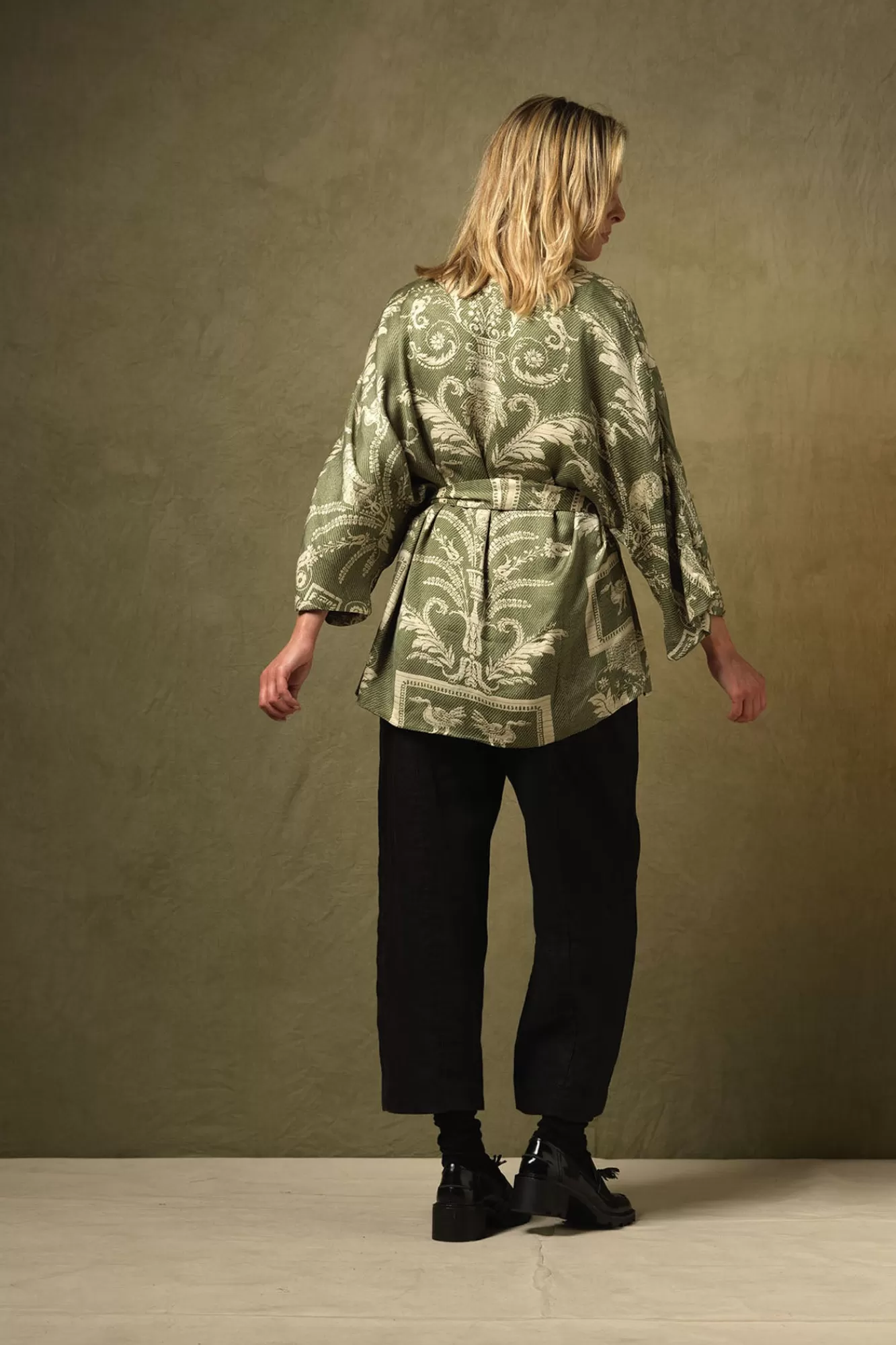 Women One Hundred Stars Wrap Jackets-Vintage Damask Sage Wrap Jacket