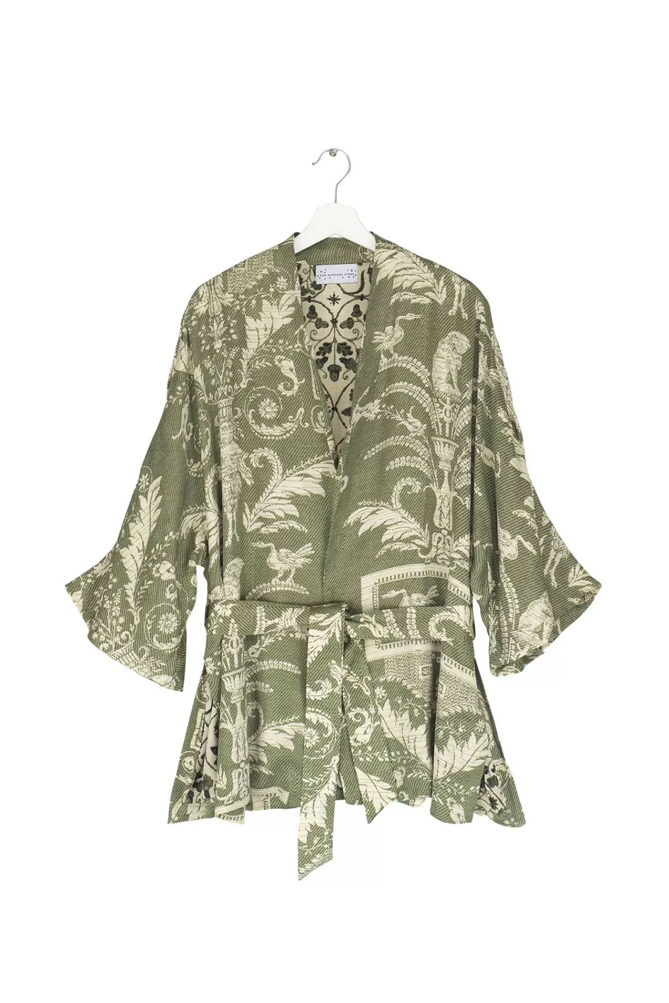 Women One Hundred Stars Wrap Jackets-Vintage Damask Sage Wrap Jacket
